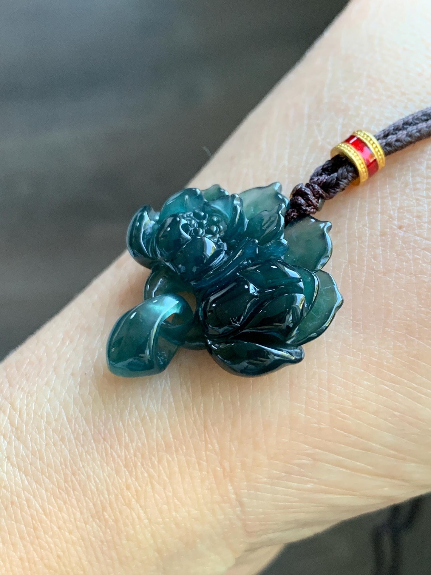 Natural Grade A Guatemalan Icy Translucent Dark Teal Green Jade Jadeite Lotus Flower Pendant Rope Necklace 26” 天然冰胶危深蓝绿翡翠莲花吊坠 WLH316A