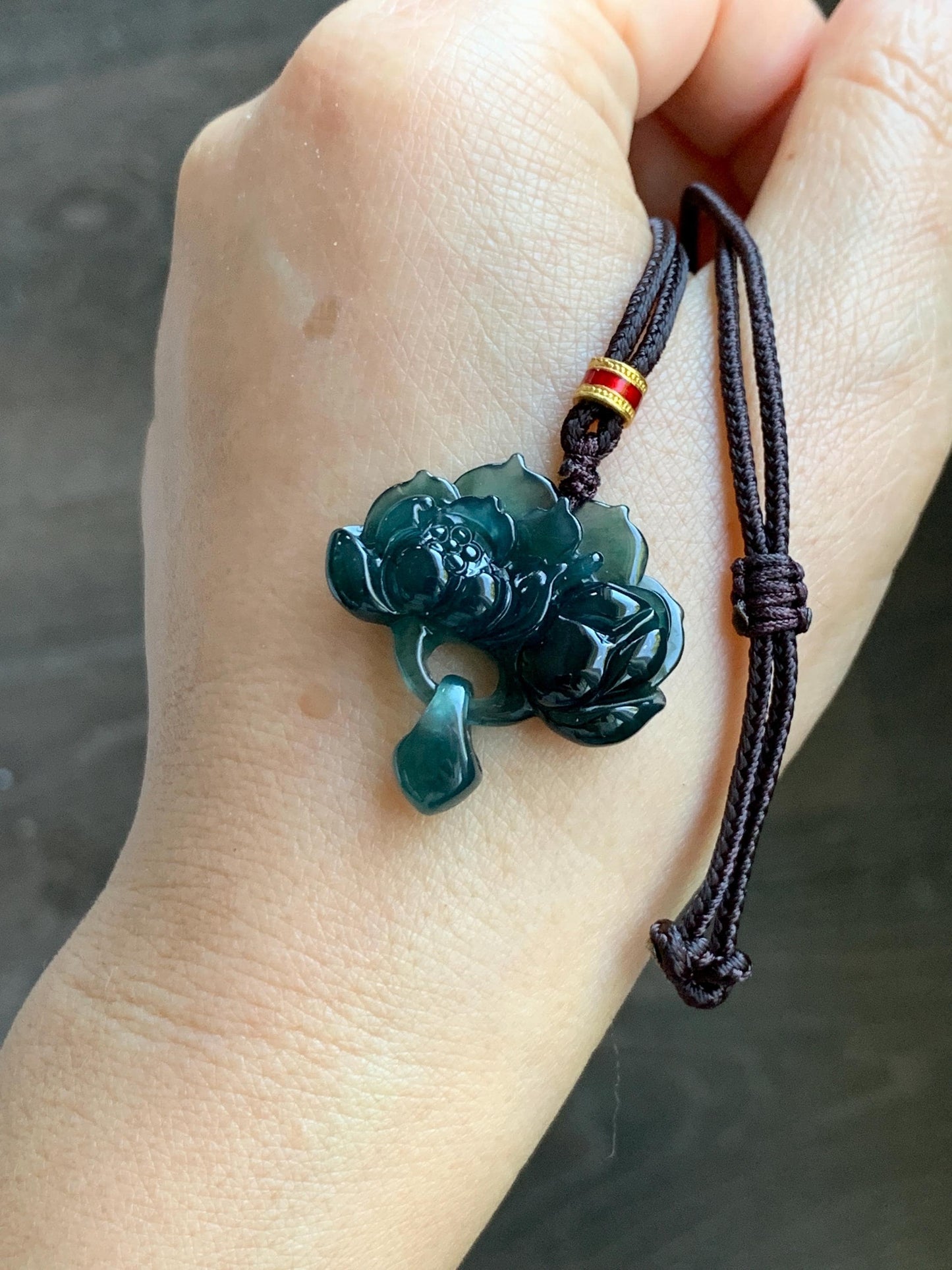 Natural Grade A Guatemalan Icy Translucent Dark Teal Green Jade Jadeite Lotus Flower Pendant Rope Necklace 26” 天然冰胶危深蓝绿翡翠莲花吊坠 WLH316A