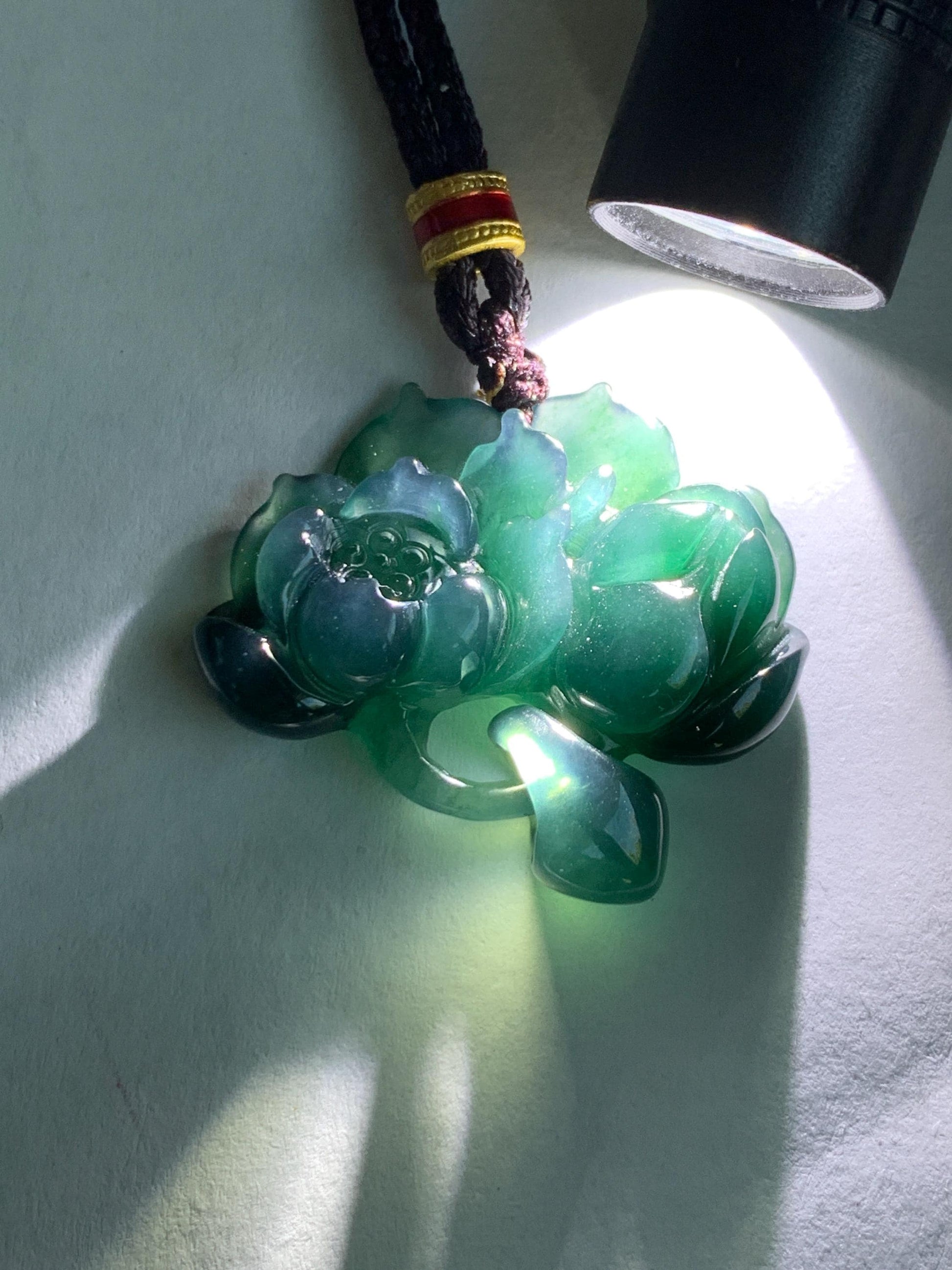 Natural Grade A Guatemalan Icy Translucent Dark Teal Green Jade Jadeite Lotus Flower Pendant Rope Necklace 26” 天然冰胶危深蓝绿翡翠莲花吊坠 WLH316A