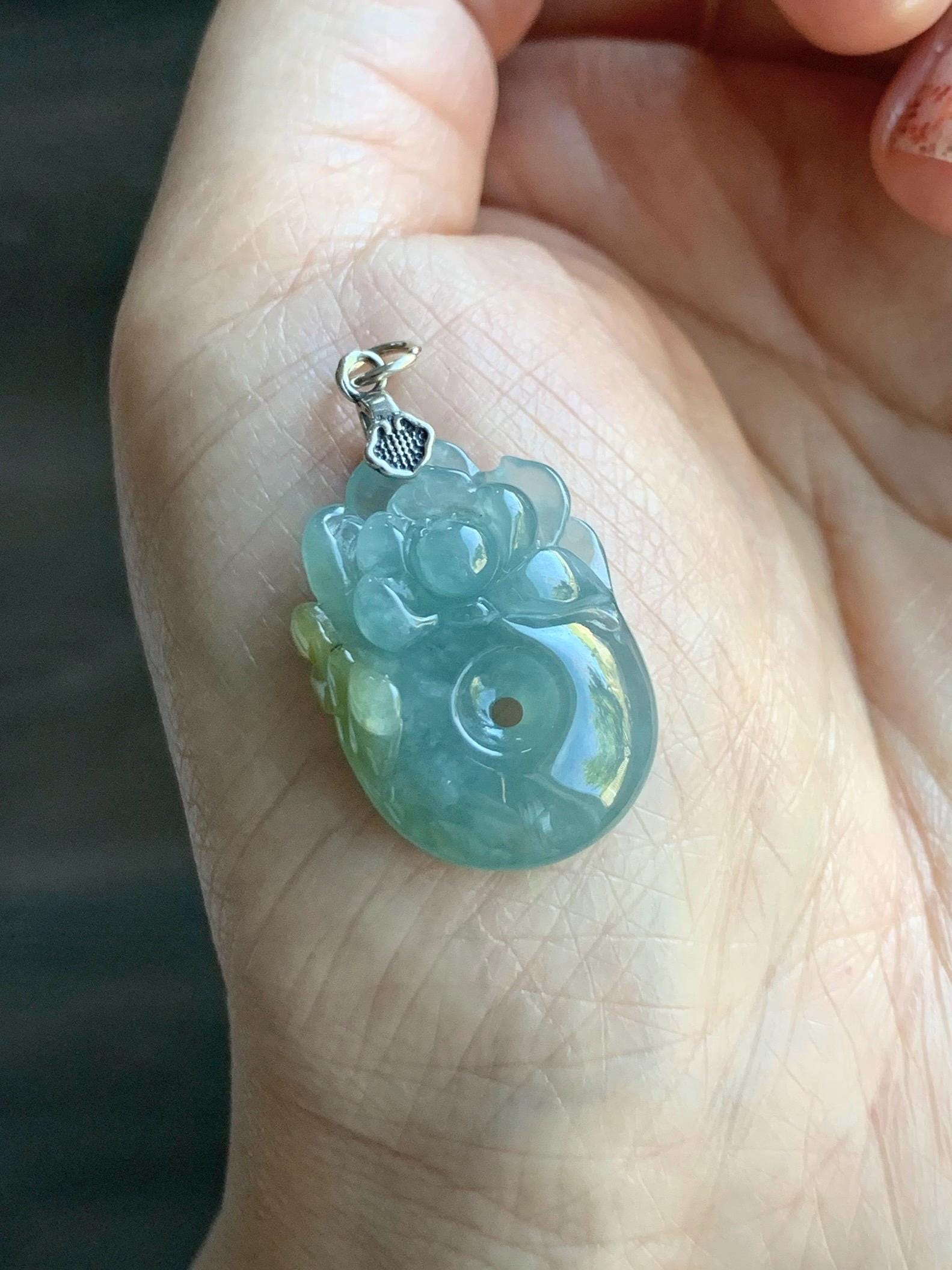 Natural Grade A Guatemalan Icy Translucent Light Blue Jadeite Lotus Flower Ping An Kou Donut Pendant Sterling Silver 天然冰危蓝翡翠莲花平安扣吊坠 WLH316B