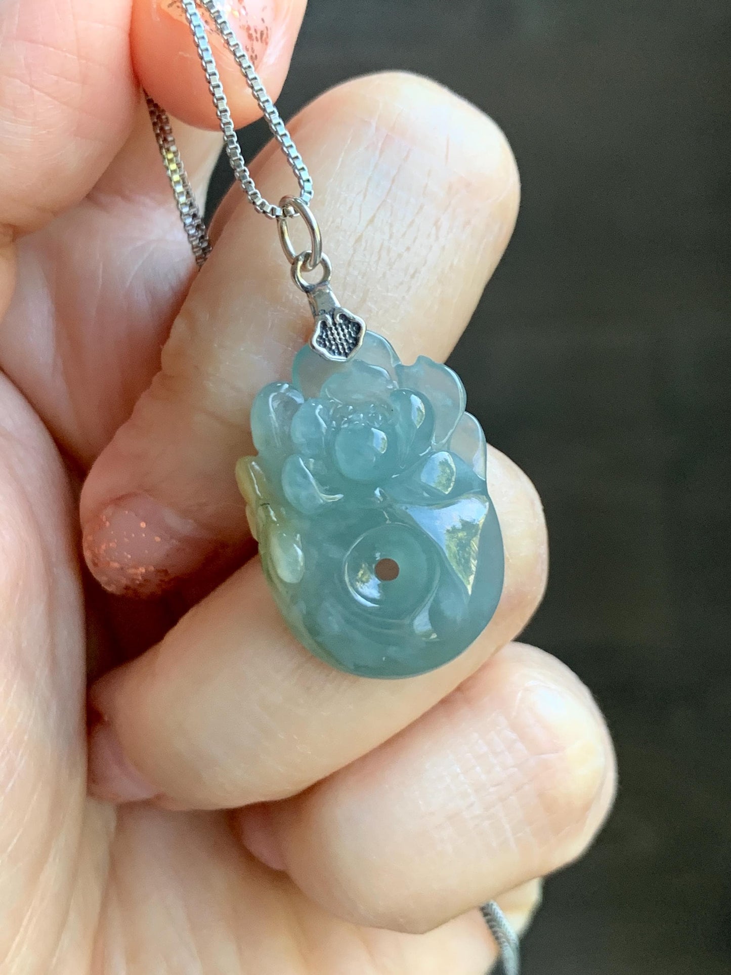 Natural Grade A Guatemalan Icy Translucent Light Blue Jadeite Lotus Flower Ping An Kou Donut Pendant Sterling Silver 天然冰危蓝翡翠莲花平安扣吊坠 WLH316B