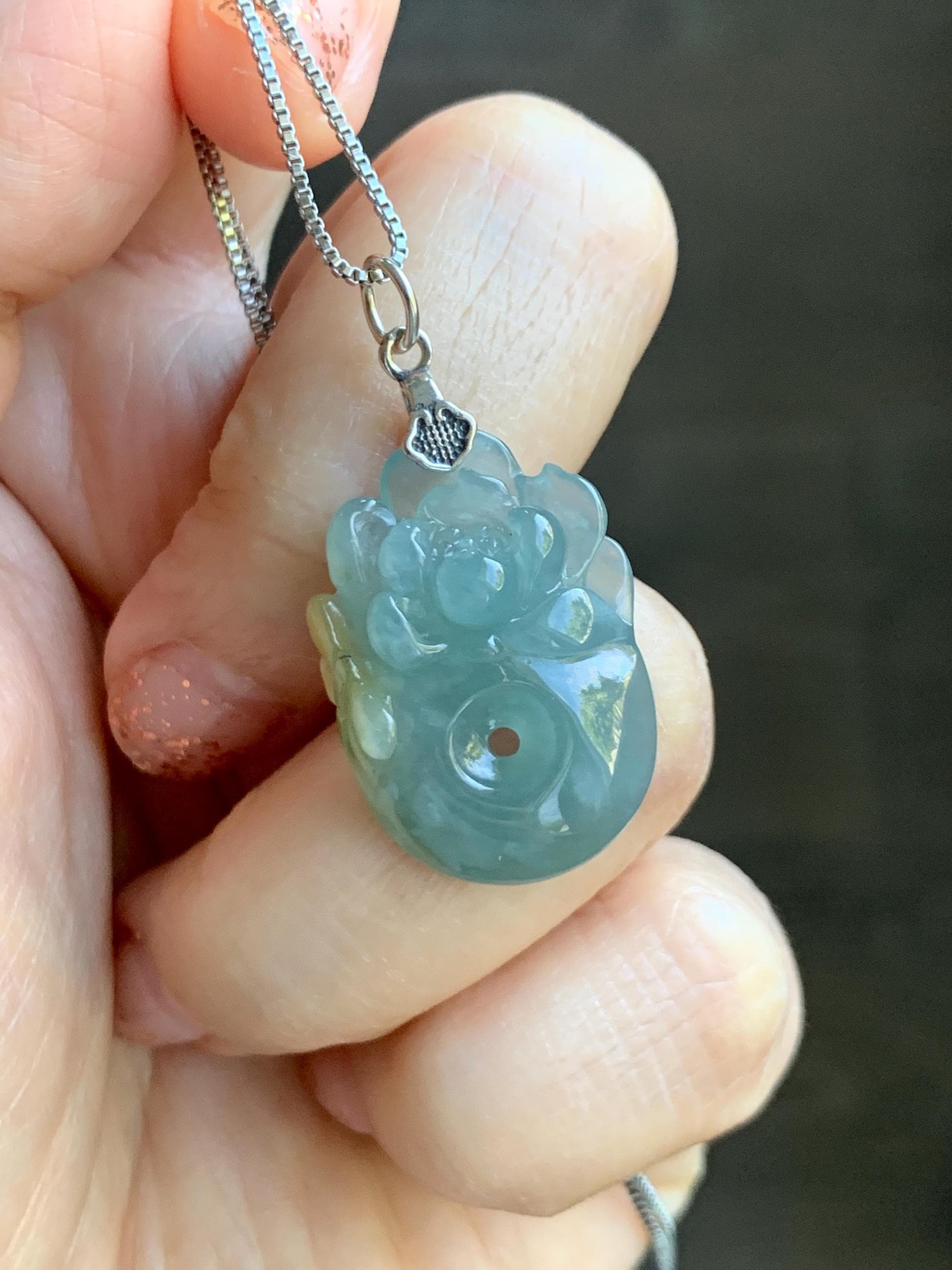 Natural Grade A Guatemalan Icy Translucent Light Blue Jadeite Lotus Flower Ping An Kou Donut Pendant Sterling Silver 天然冰危蓝翡翠莲花平安扣吊坠 WLH316B