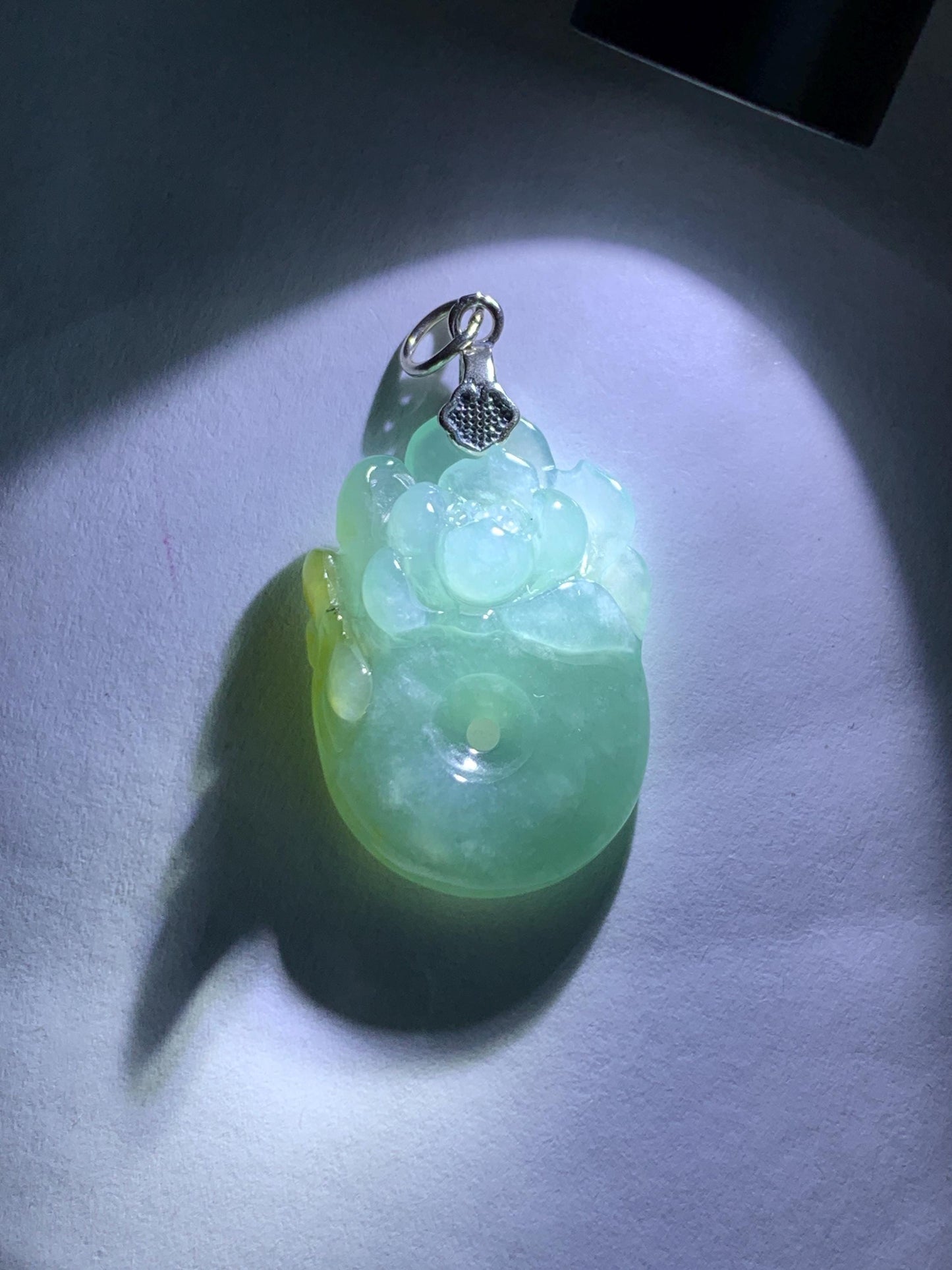 Natural Grade A Guatemalan Icy Translucent Light Blue Jadeite Lotus Flower Ping An Kou Donut Pendant Sterling Silver 天然冰危蓝翡翠莲花平安扣吊坠 WLH316B