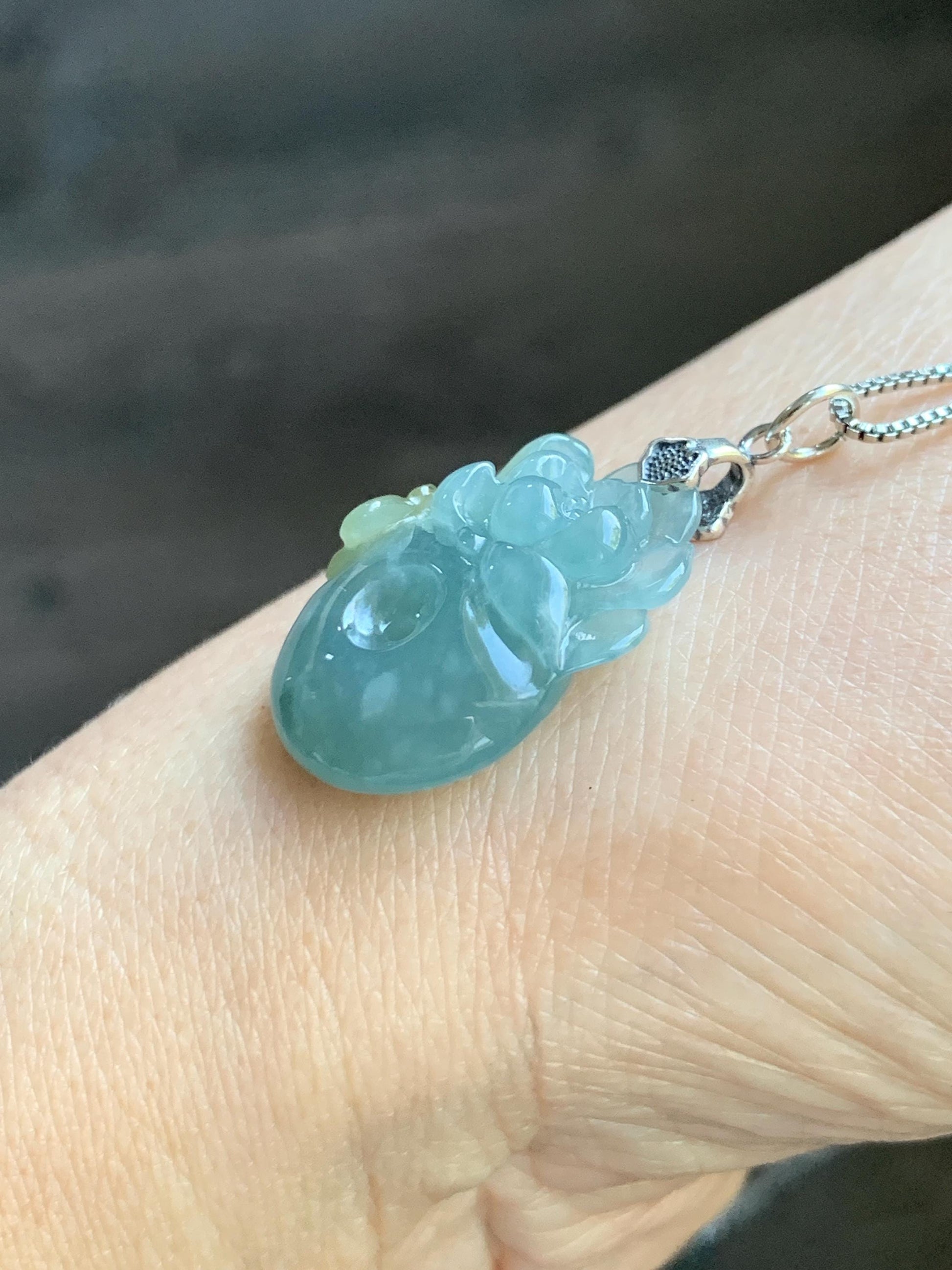 Natural Grade A Guatemalan Icy Translucent Light Blue Jadeite Lotus Flower Ping An Kou Donut Pendant Sterling Silver 天然冰危蓝翡翠莲花平安扣吊坠 WLH316B