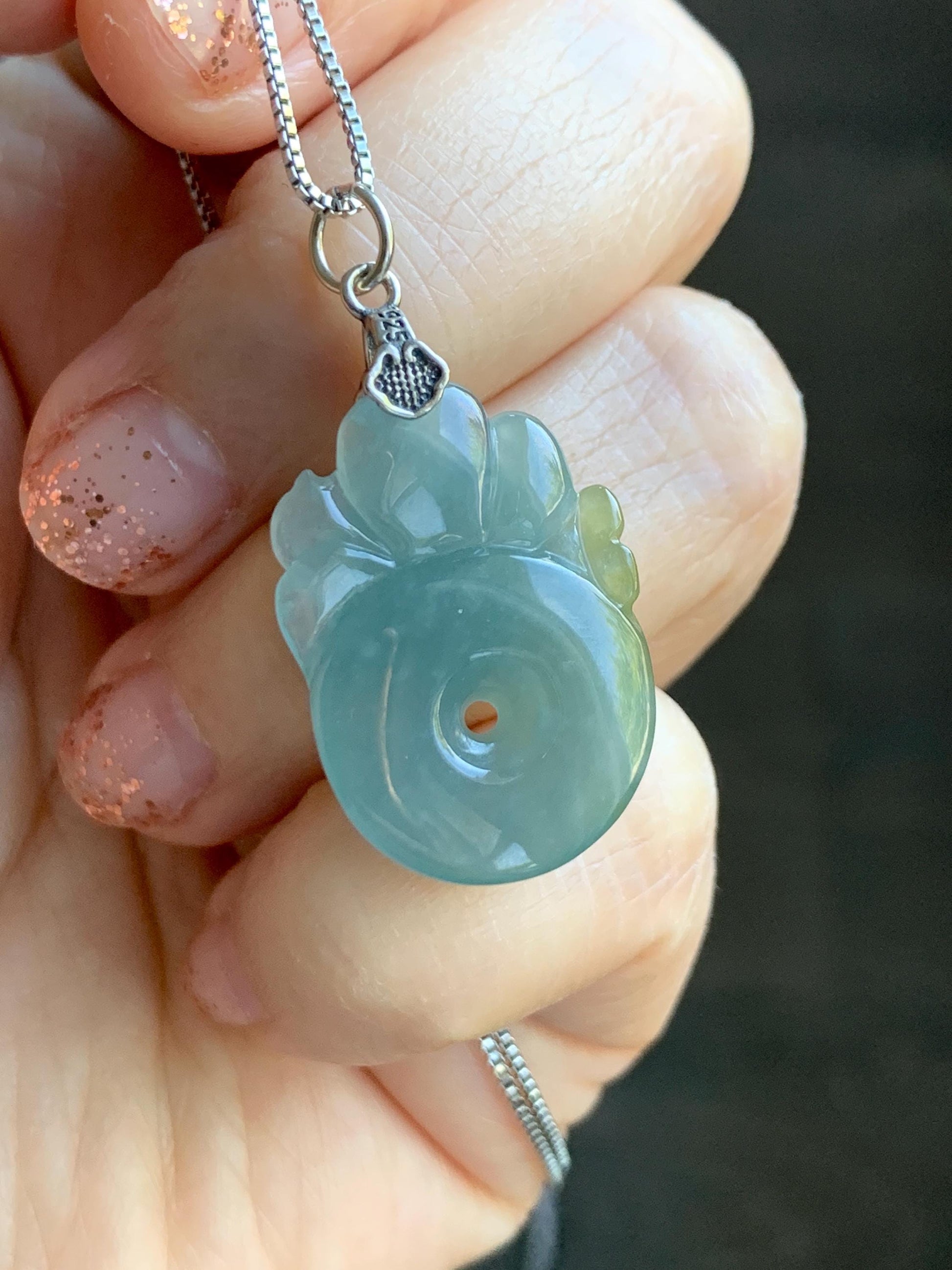 Natural Grade A Guatemalan Icy Translucent Light Blue Jadeite Lotus Flower Ping An Kou Donut Pendant Sterling Silver 天然冰危蓝翡翠莲花平安扣吊坠 WLH316B