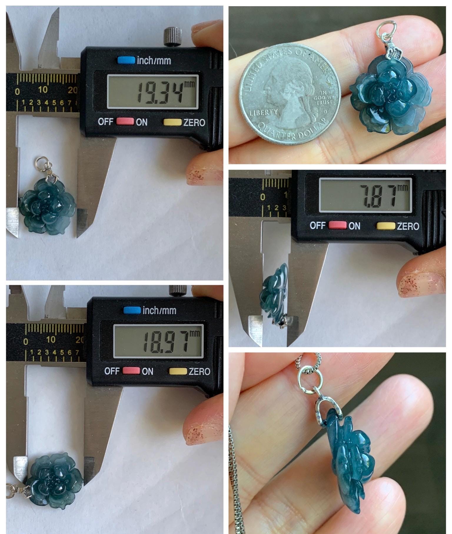 Natural Grade A Guatemalan Icy Translucent Dark Aegean Blue Jade Jadeite Lotus Flower Pendant Sterling Silver 4g 天然冰危深蓝翡翠莲花吊坠 WLH316C