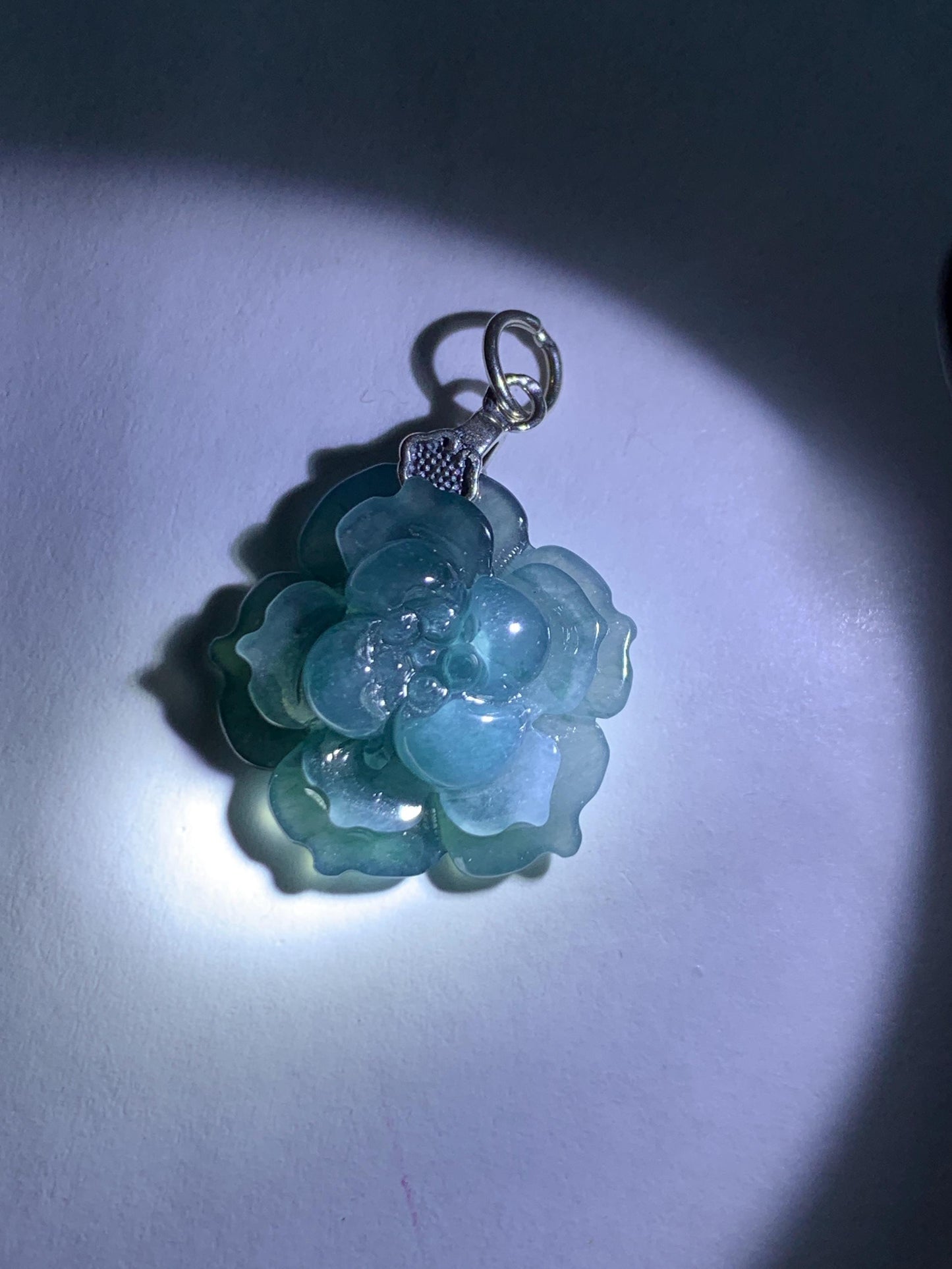 Natural Grade A Guatemalan Icy Translucent Dark Aegean Blue Jade Jadeite Lotus Flower Pendant Sterling Silver 4g 天然冰危深蓝翡翠莲花吊坠 WLH316C