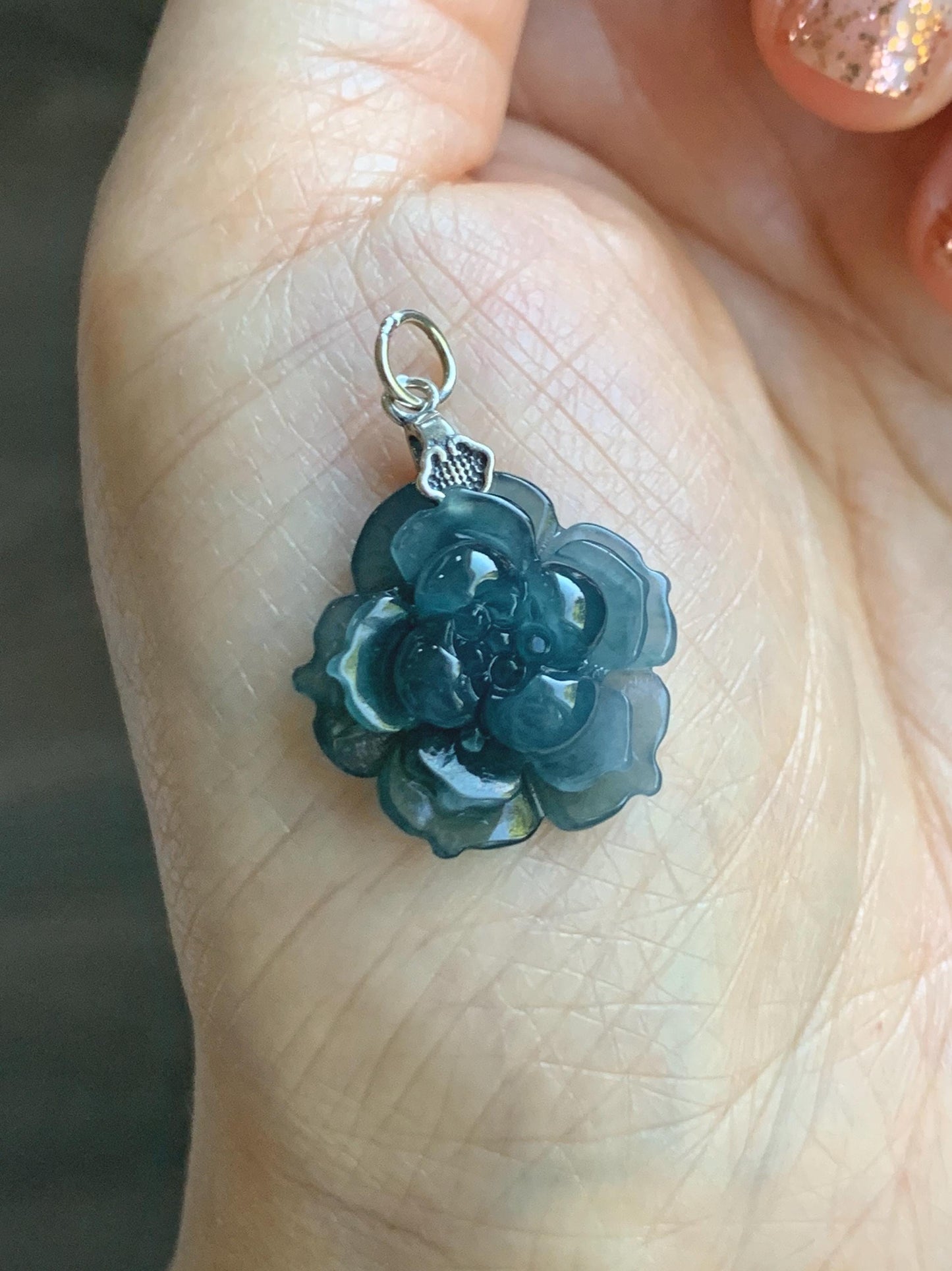 Natural Grade A Guatemalan Icy Translucent Dark Aegean Blue Jade Jadeite Lotus Flower Pendant Sterling Silver 4g 天然冰危深蓝翡翠莲花吊坠 WLH316C