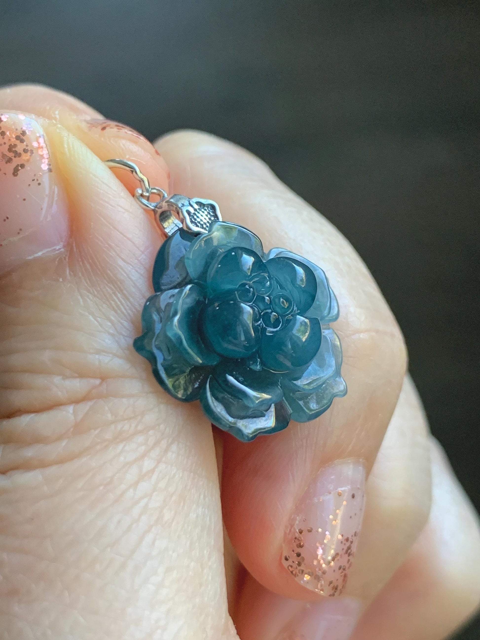 Natural Grade A Guatemalan Icy Translucent Dark Aegean Blue Jade Jadeite Lotus Flower Pendant Sterling Silver 4g 天然冰危深蓝翡翠莲花吊坠 WLH316C