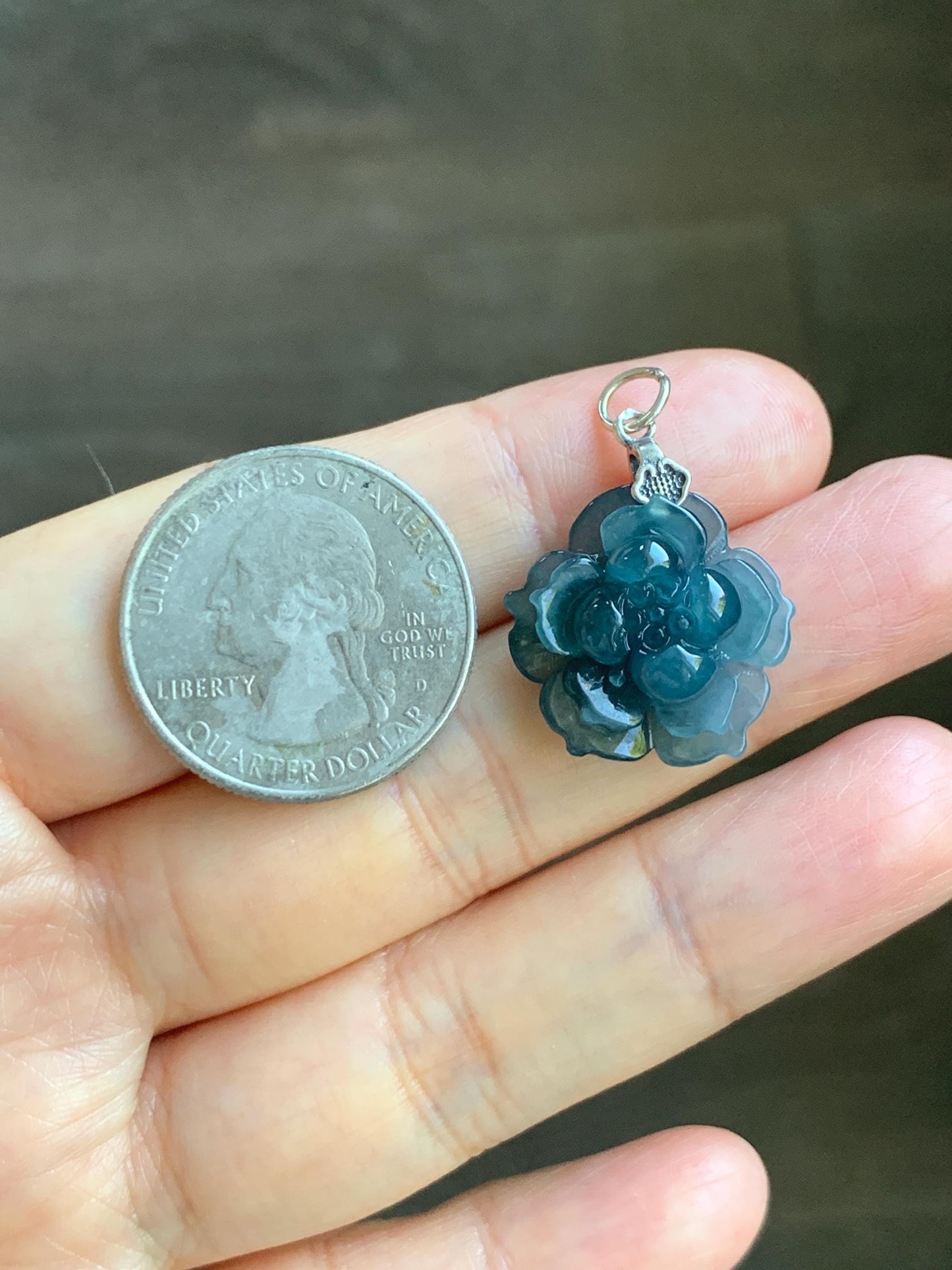 Natural Grade A Guatemalan Icy Translucent Dark Aegean Blue Jade Jadeite Lotus Flower Pendant Sterling Silver 4g 天然冰危深蓝翡翠莲花吊坠 WLH316C