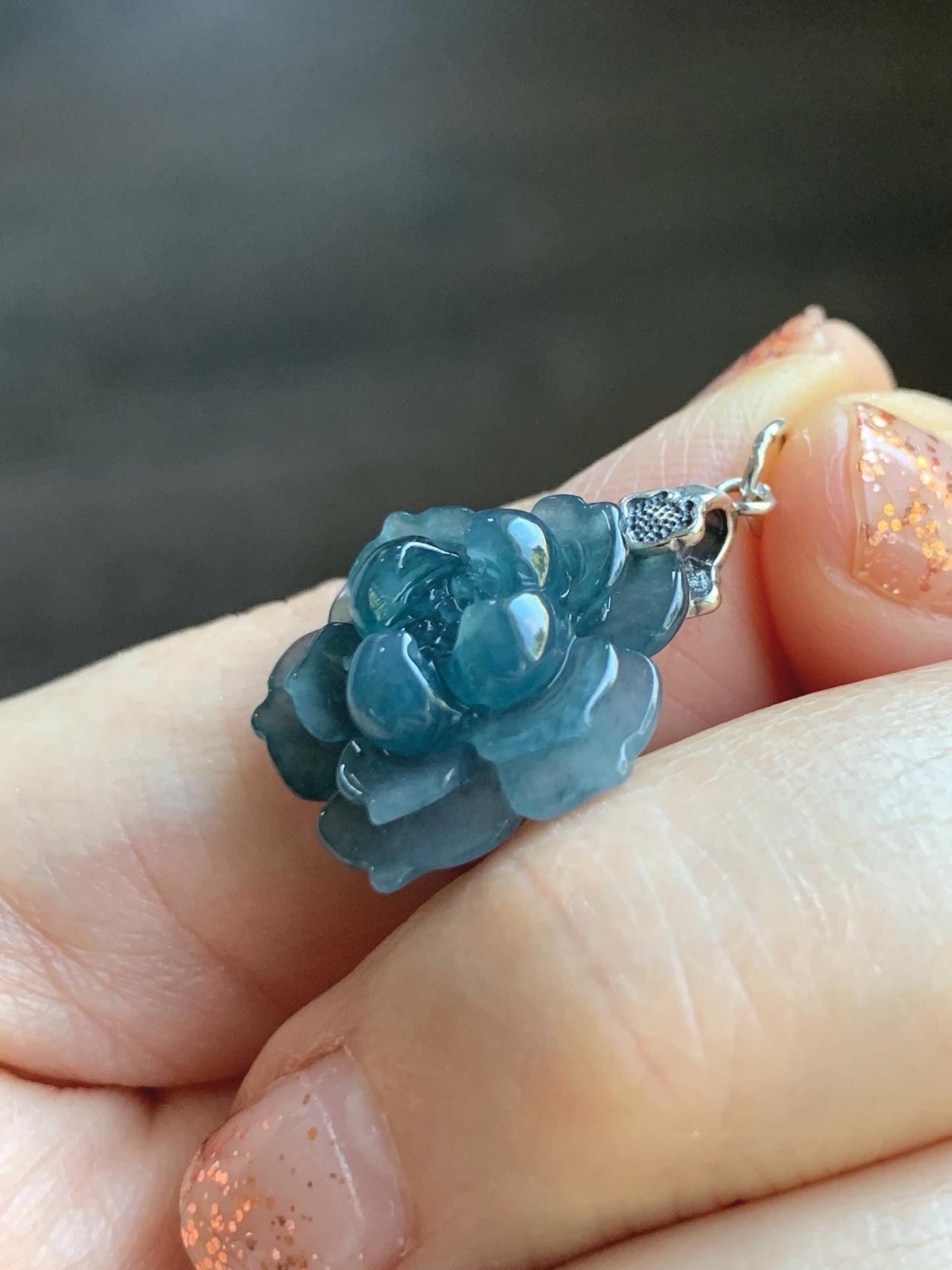 Natural Grade A Guatemalan Icy Translucent Dark Aegean Blue Jade Jadeite Lotus Flower Pendant Sterling Silver 4g 天然冰危深蓝翡翠莲花吊坠 WLH316C