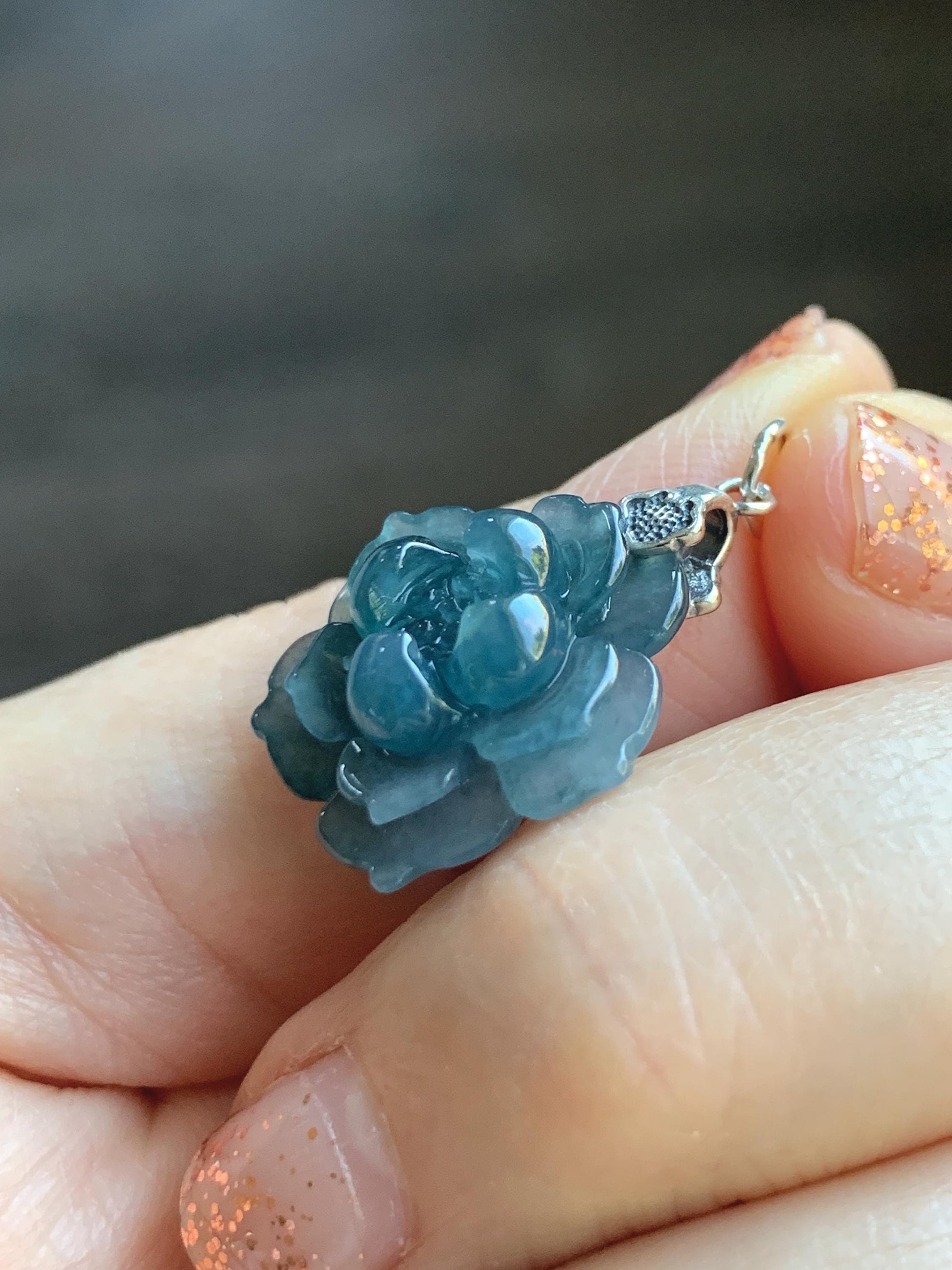 Natural Grade A Guatemalan Icy Translucent Dark Aegean Blue Jade Jadeite Lotus Flower Pendant Sterling Silver 4g 天然冰危深蓝翡翠莲花吊坠 WLH316C