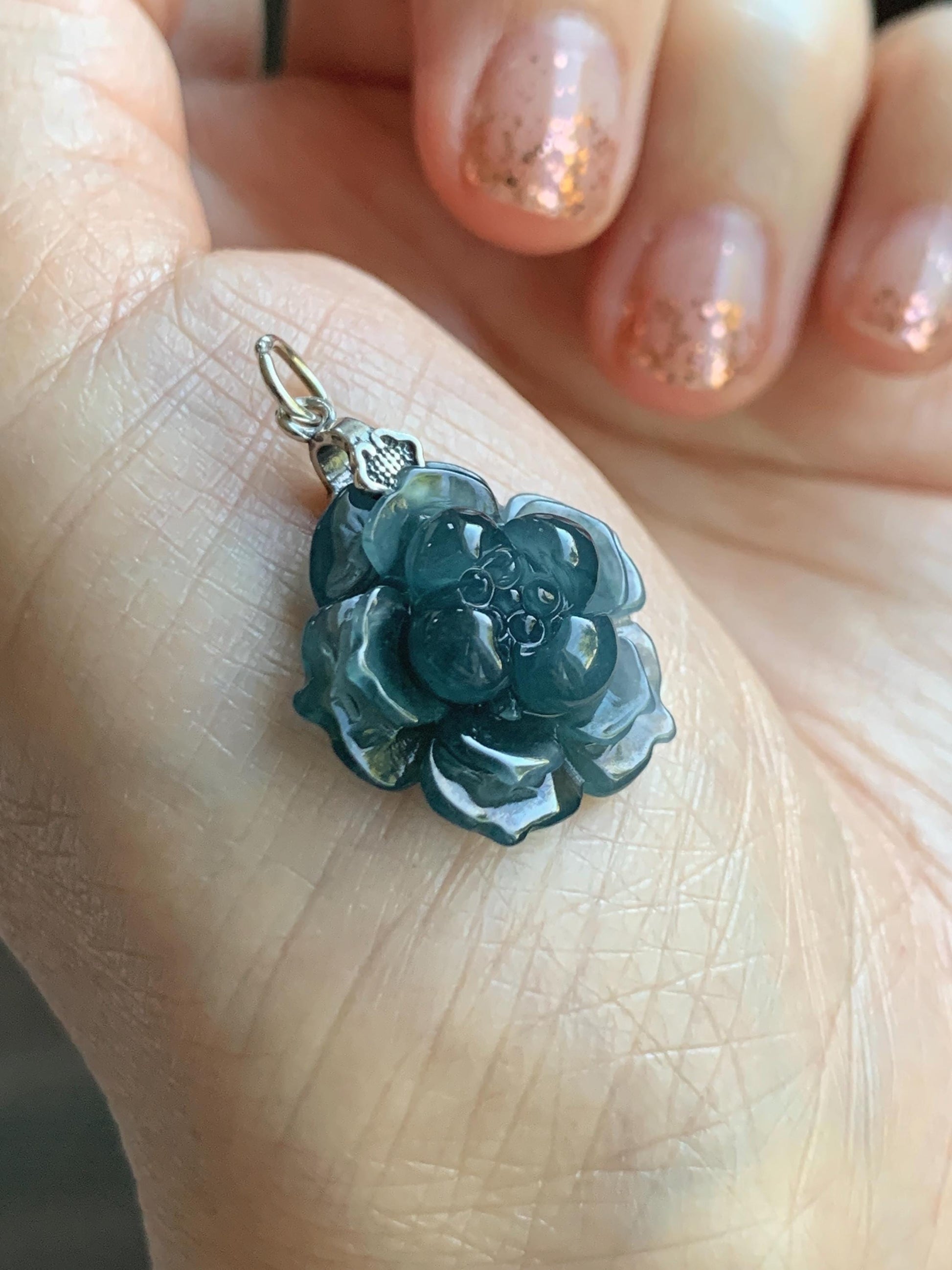 Natural Grade A Guatemalan Icy Translucent Dark Aegean Blue Jade Jadeite Lotus Flower Pendant Sterling Silver 4g 天然冰危深蓝翡翠莲花吊坠 WLH316C