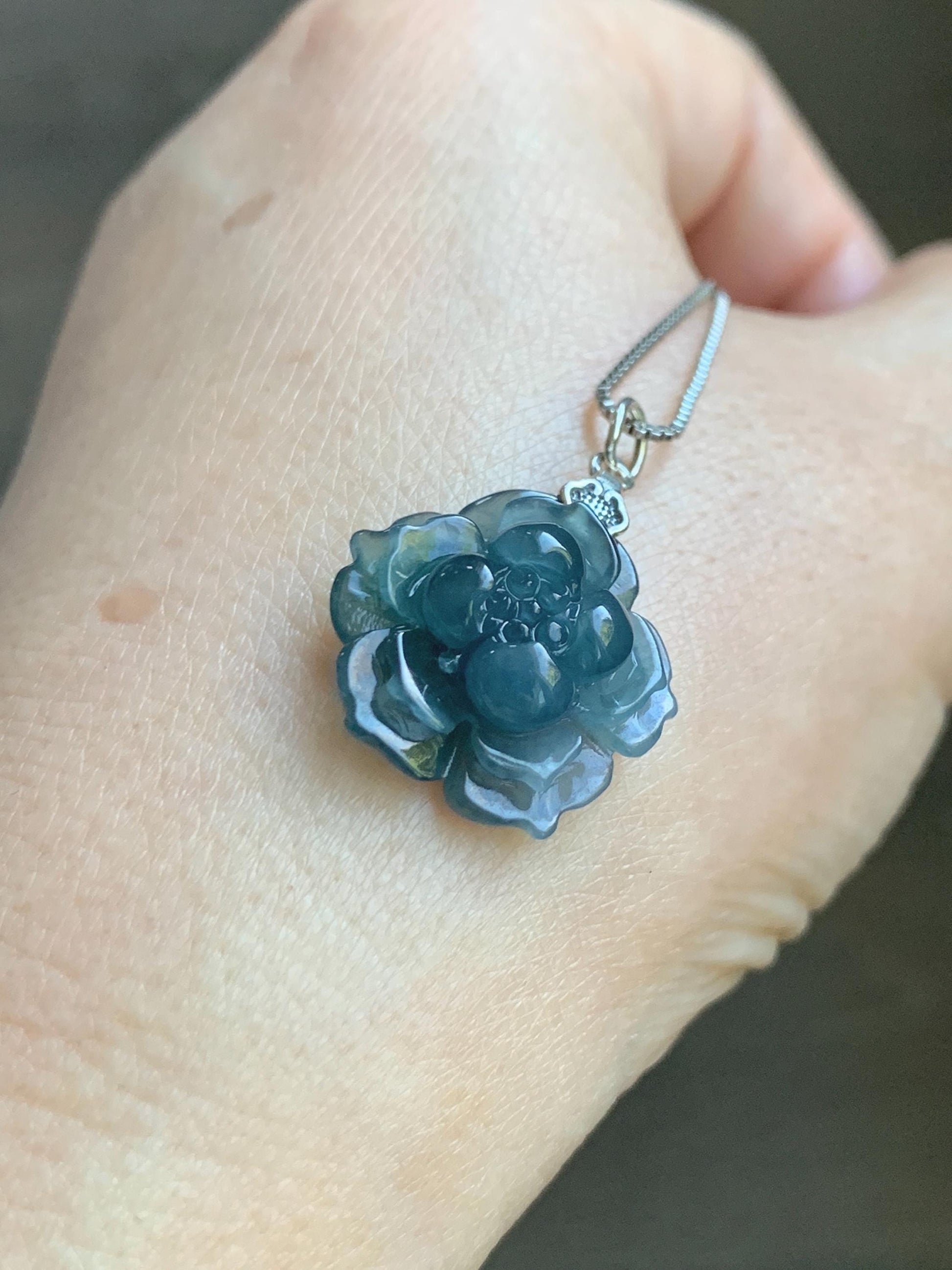Natural Grade A Guatemalan Icy Translucent Dark Aegean Blue Jade Jadeite Lotus Flower Pendant Sterling Silver 4g 天然冰危深蓝翡翠莲花吊坠 WLH316C