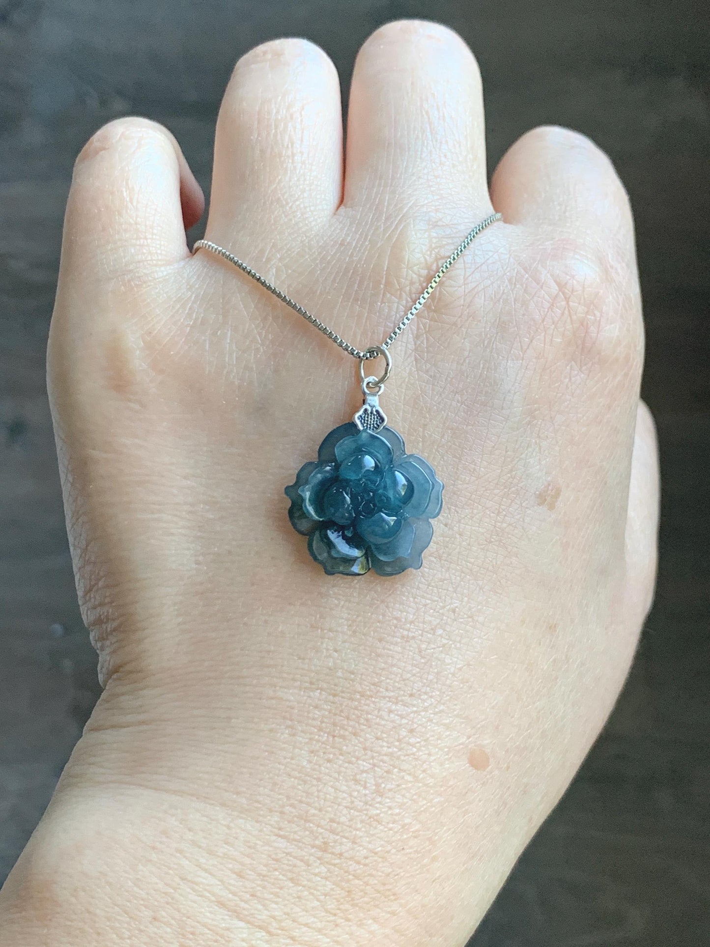 Natural Grade A Guatemalan Icy Translucent Dark Aegean Blue Jade Jadeite Lotus Flower Pendant Sterling Silver 4g 天然冰危深蓝翡翠莲花吊坠 WLH316C