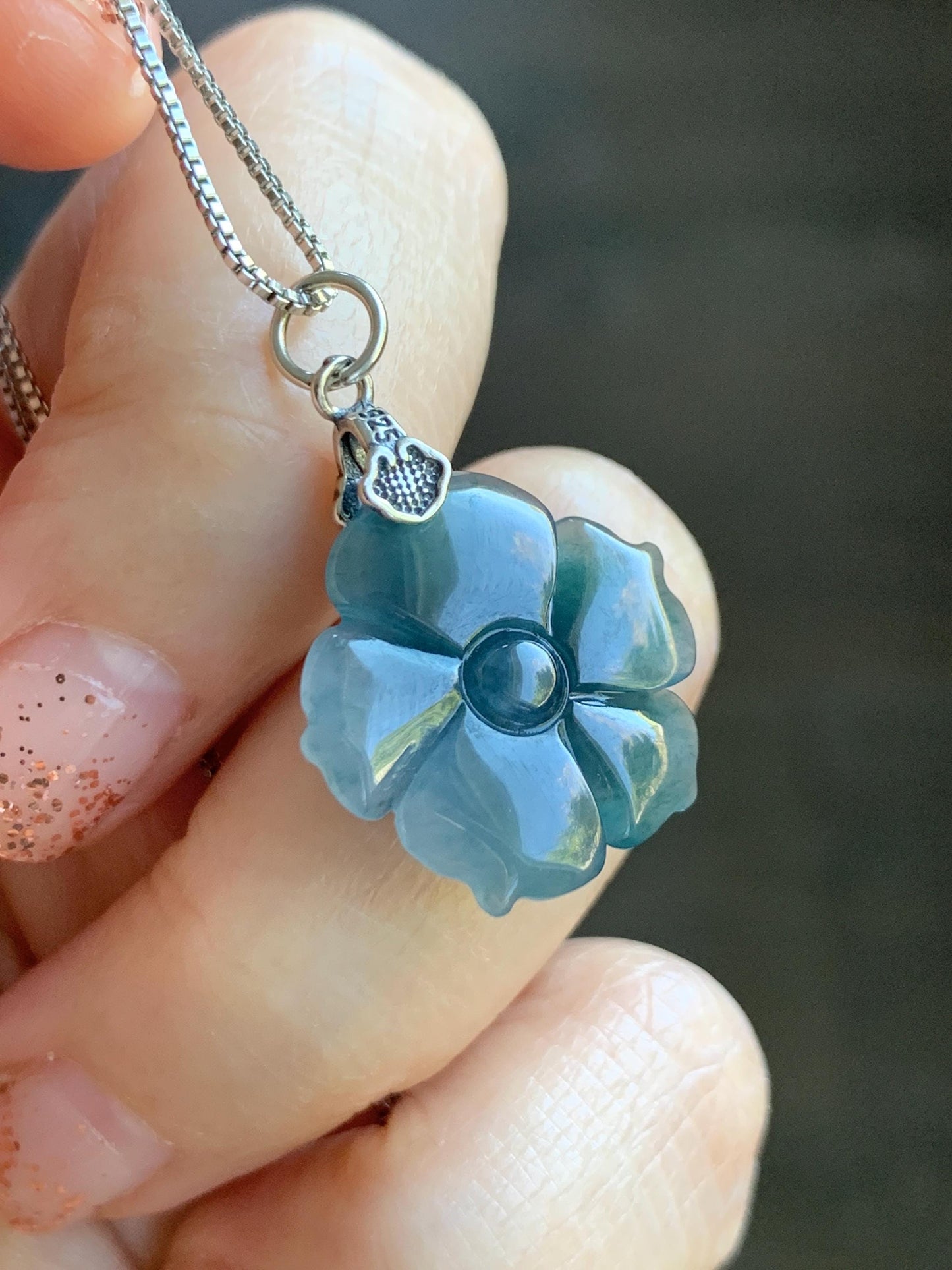 Natural Grade A Guatemalan Icy Translucent Dark Aegean Blue Jade Jadeite Lotus Flower Pendant Sterling Silver 4g 天然冰危深蓝翡翠莲花吊坠 WLH316C