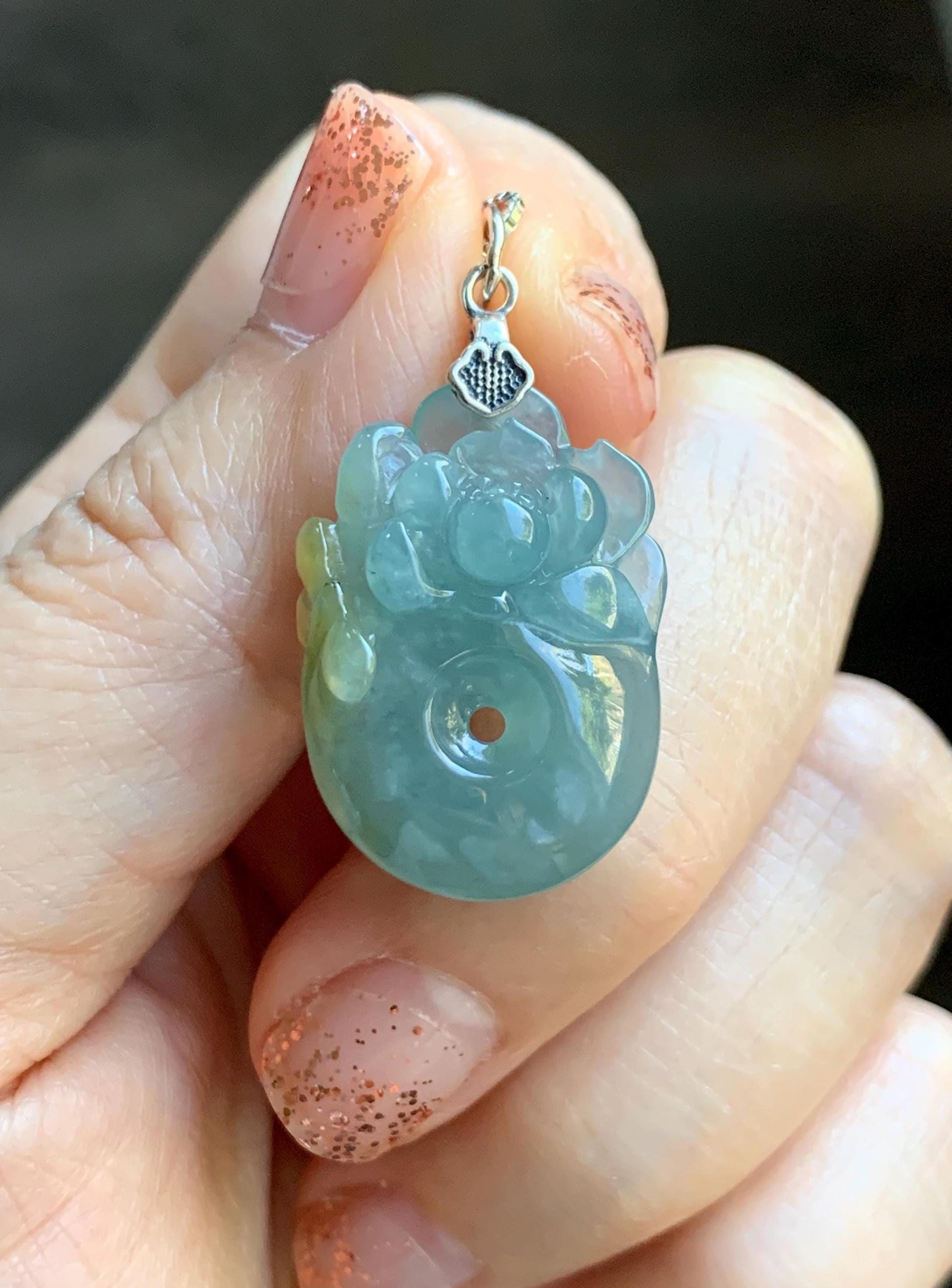 Natural Grade A Guatemalan Icy Translucent Light Blue Jadeite Lotus Flower Ping An Kou Donut Pendant Sterling Silver 天然冰危蓝翡翠莲花平安扣吊坠 WLH316B