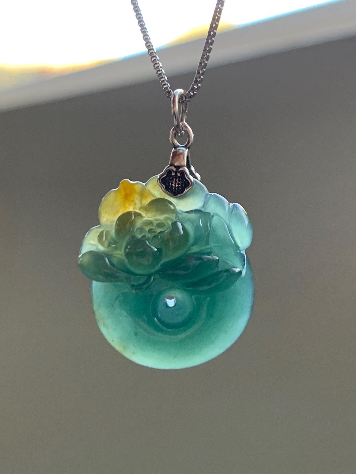 Natural Grade A Guatemalan Icy Translucent Teal Green Jadeite Lotus Flower Ping An Kou Donut Pendant Sterling Silver 天然冰危蓝翡翠莲花平安扣吊坠 WSL385A