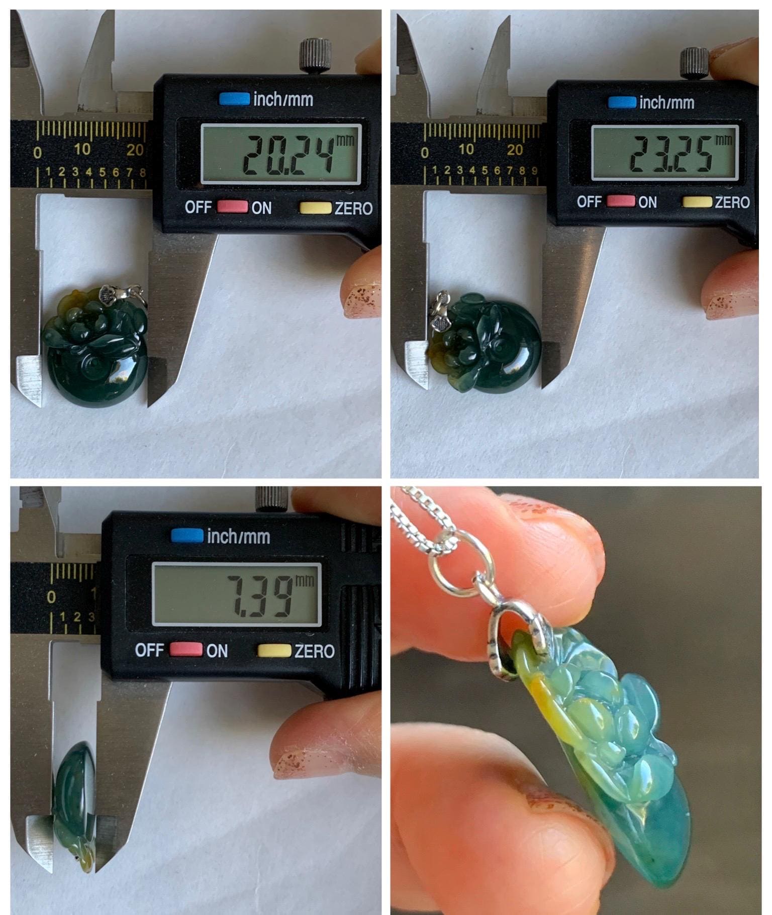 Natural Grade A Guatemalan Icy Translucent Teal Green Jadeite Lotus Flower Ping An Kou Donut Pendant Sterling Silver 天然冰危蓝翡翠莲花平安扣吊坠 WSL385A