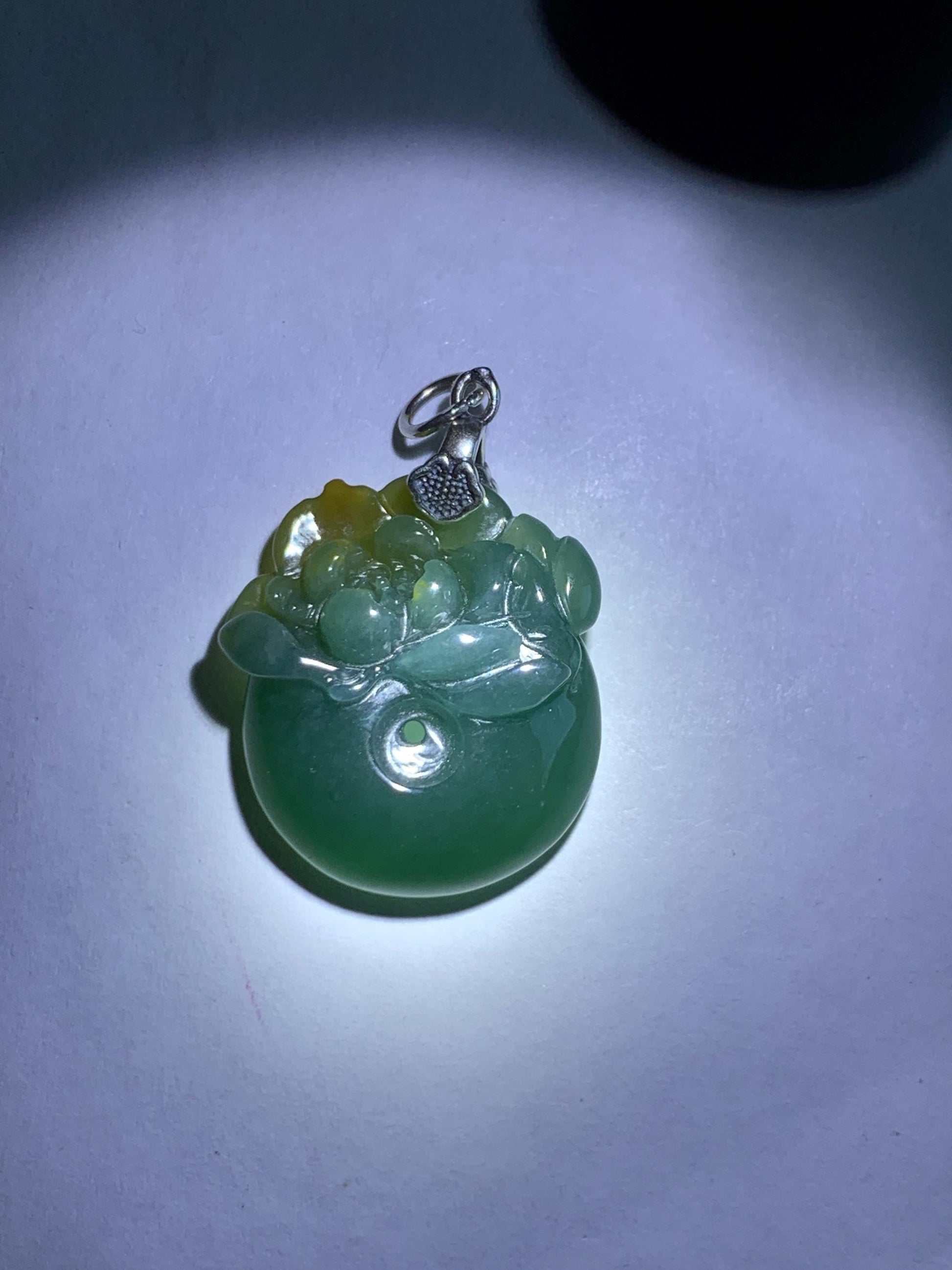 Natural Grade A Guatemalan Icy Translucent Teal Green Jadeite Lotus Flower Ping An Kou Donut Pendant Sterling Silver 天然冰危蓝翡翠莲花平安扣吊坠 WSL385A
