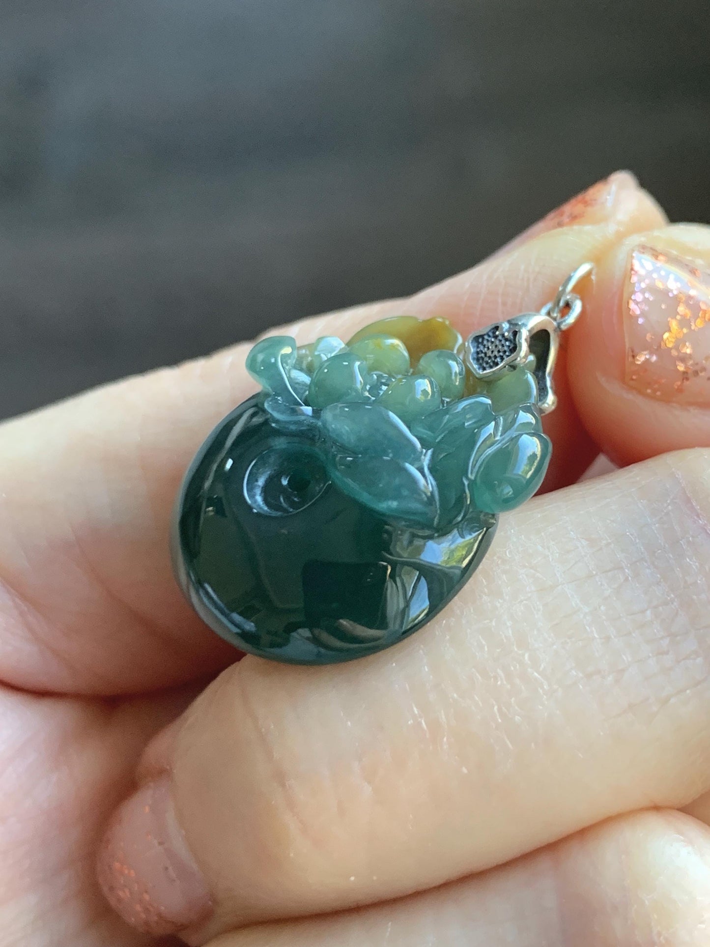 Natural Grade A Guatemalan Icy Translucent Teal Green Jadeite Lotus Flower Ping An Kou Donut Pendant Sterling Silver 天然冰危蓝翡翠莲花平安扣吊坠 WSL385A