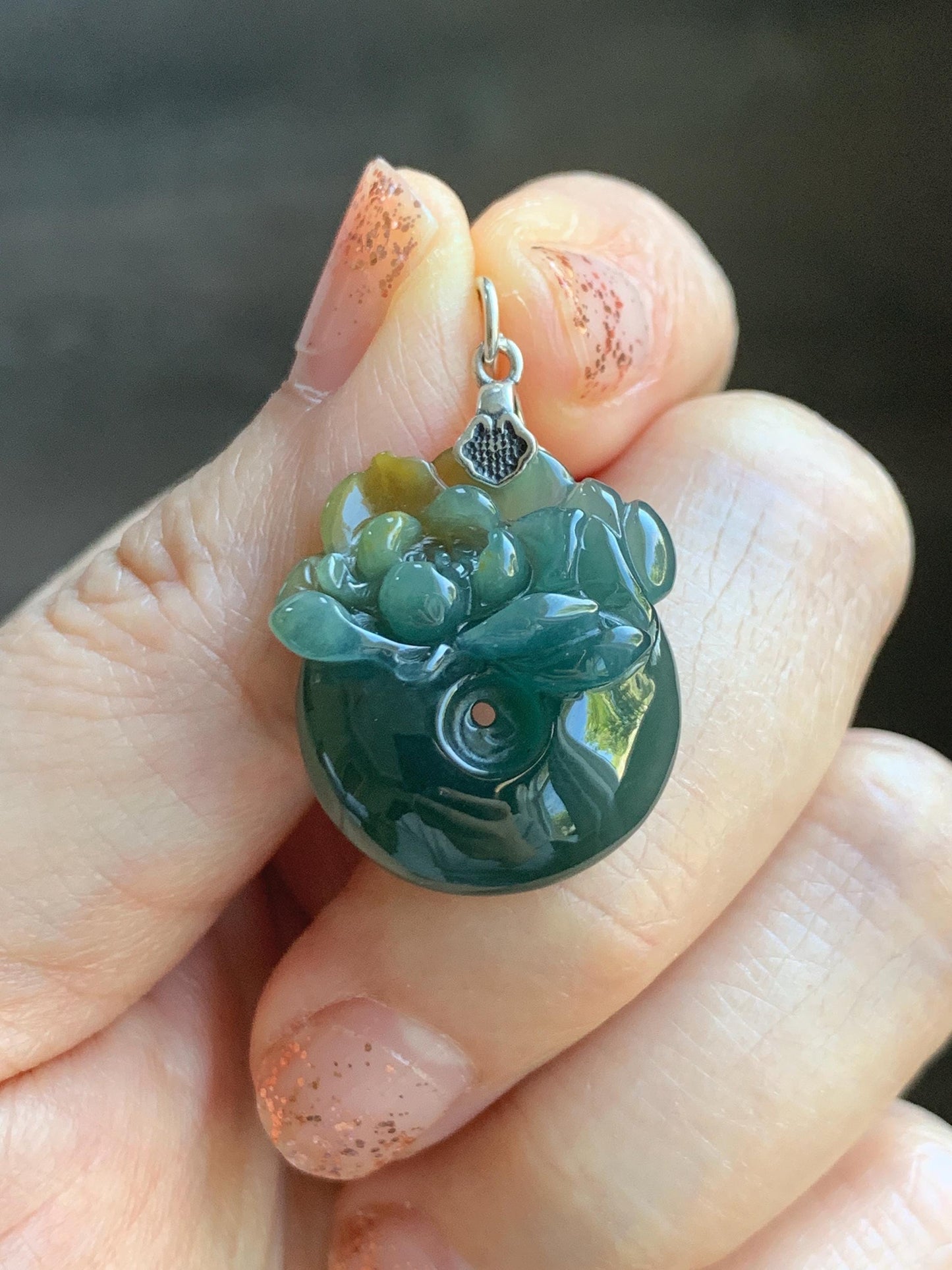 Natural Grade A Guatemalan Icy Translucent Teal Green Jadeite Lotus Flower Ping An Kou Donut Pendant Sterling Silver 天然冰危蓝翡翠莲花平安扣吊坠 WSL385A