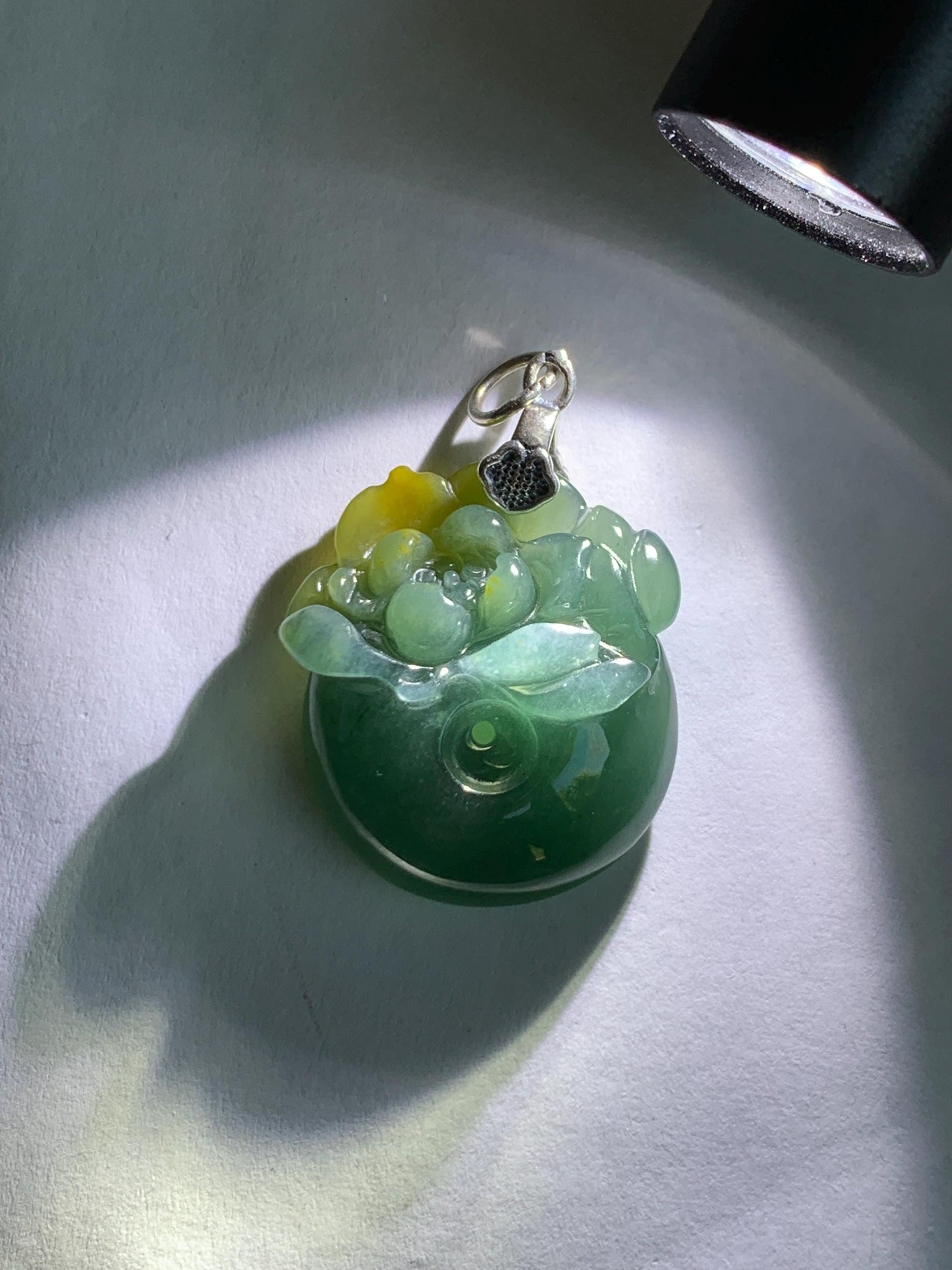Natural Grade A Guatemalan Icy Translucent Teal Green Jadeite Lotus Flower Ping An Kou Donut Pendant Sterling Silver 天然冰危蓝翡翠莲花平安扣吊坠 WSL385A