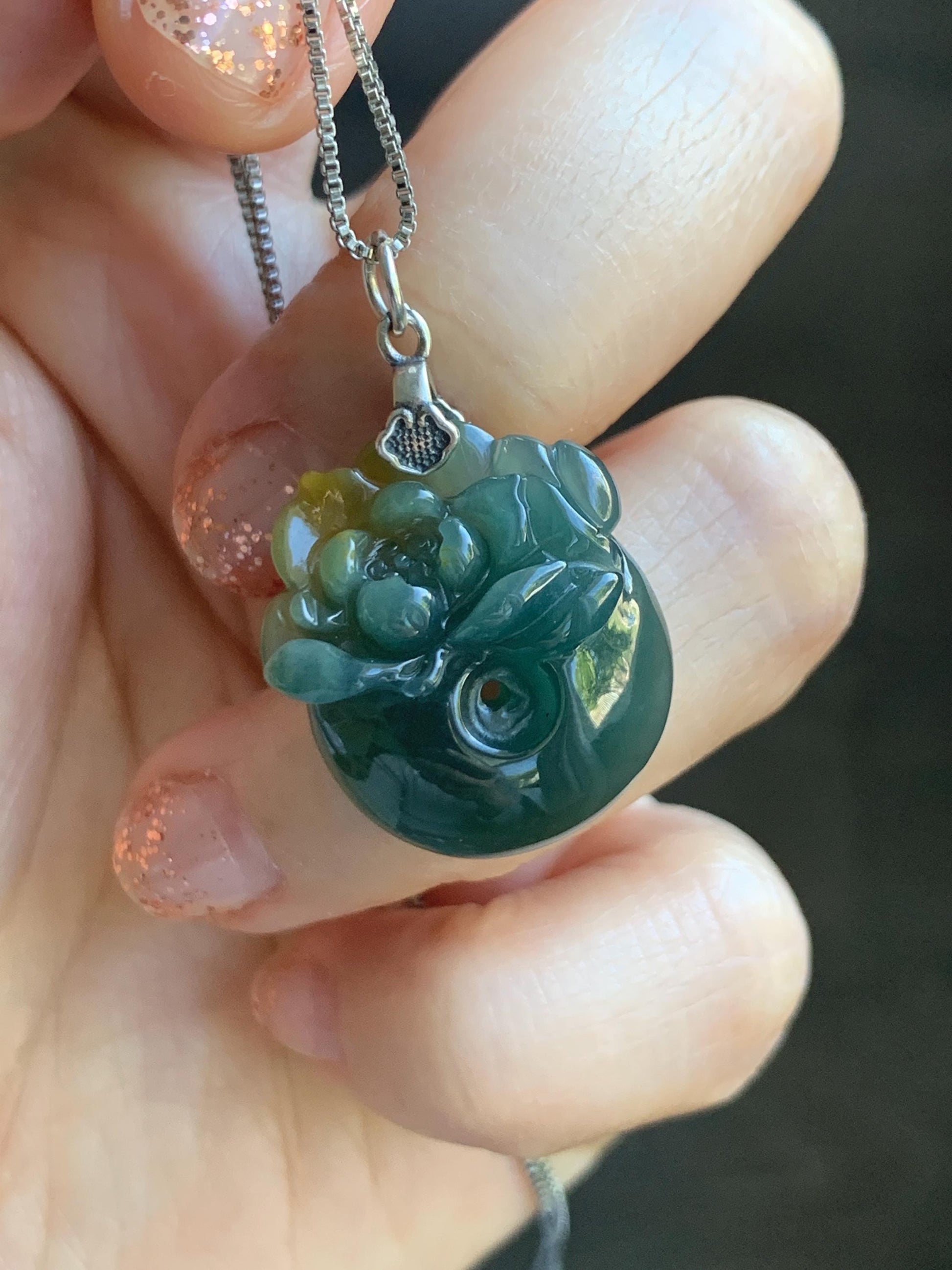 Natural Grade A Guatemalan Icy Translucent Teal Green Jadeite Lotus Flower Ping An Kou Donut Pendant Sterling Silver 天然冰危蓝翡翠莲花平安扣吊坠 WSL385A