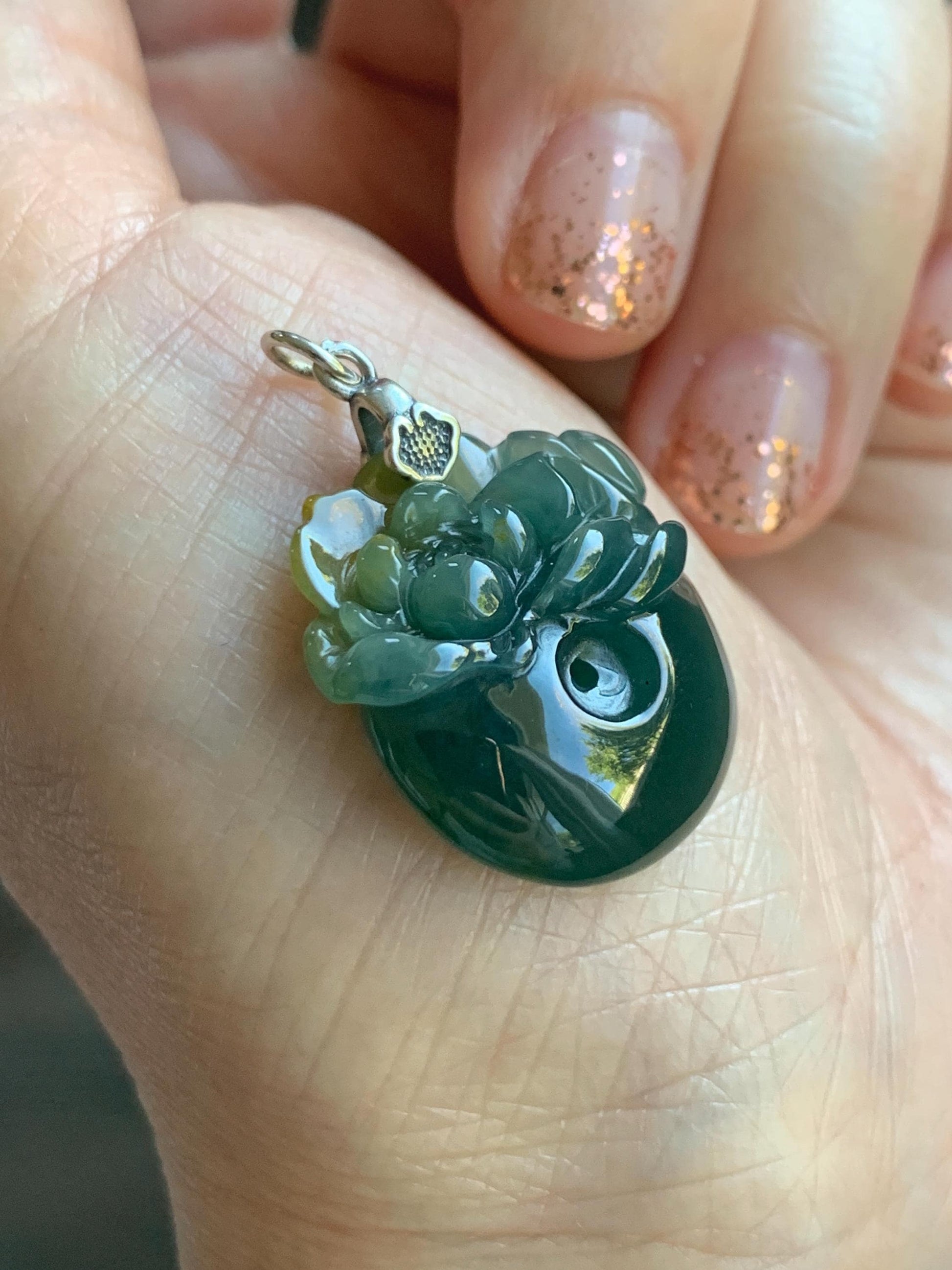 Natural Grade A Guatemalan Icy Translucent Teal Green Jadeite Lotus Flower Ping An Kou Donut Pendant Sterling Silver 天然冰危蓝翡翠莲花平安扣吊坠 WSL385A