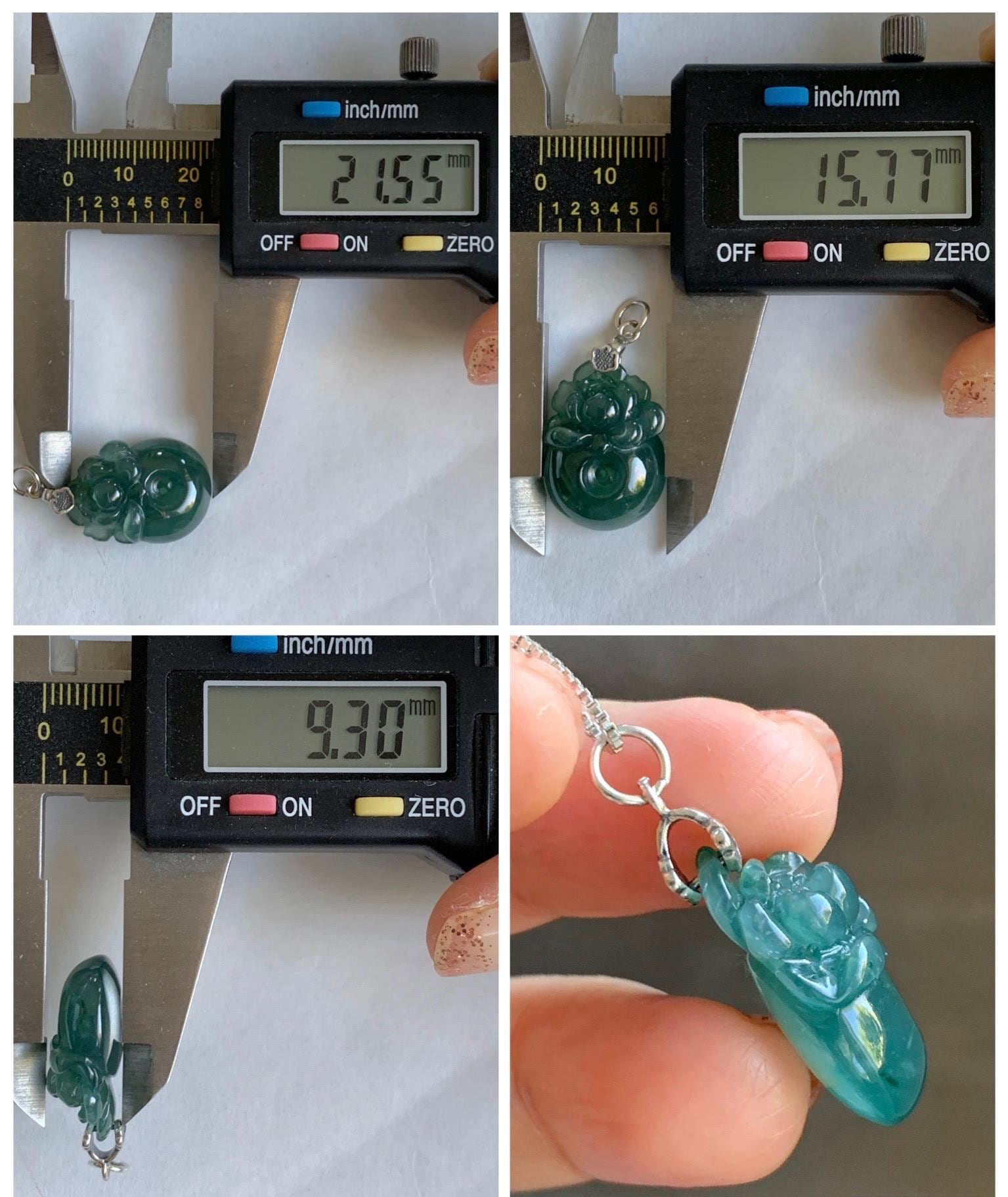 Natural Grade A Guatemalan Icy Translucent Teal Blue Jadeite Lotus Flower Ping An Kou Donut Pendant Sterling Silver 天然冰危蓝翡翠莲花平安扣吊坠 WSL385B