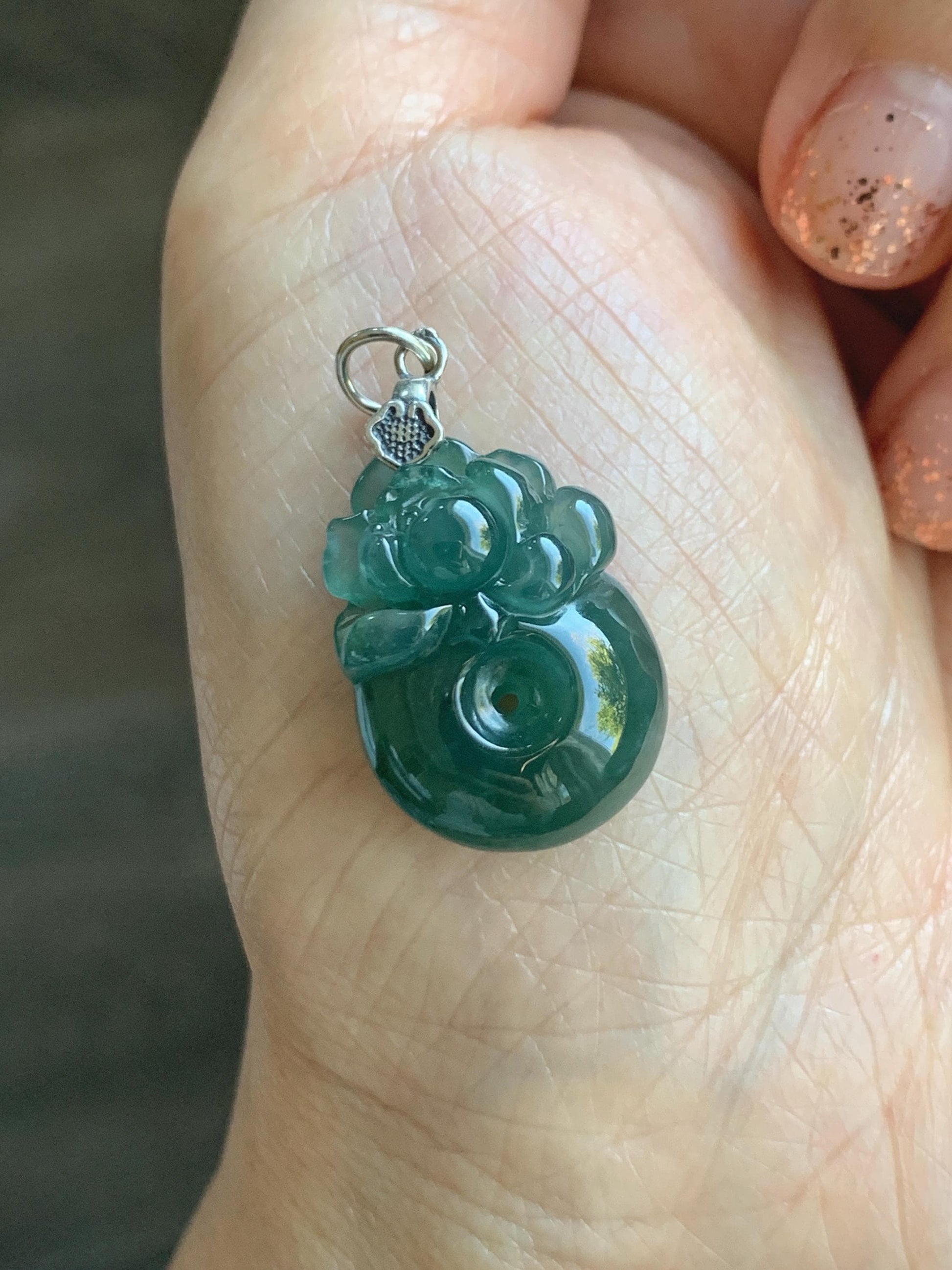 Natural Grade A Guatemalan Icy Translucent Teal Blue Jadeite Lotus Flower Ping An Kou Donut Pendant Sterling Silver 天然冰危蓝翡翠莲花平安扣吊坠 WSL385B
