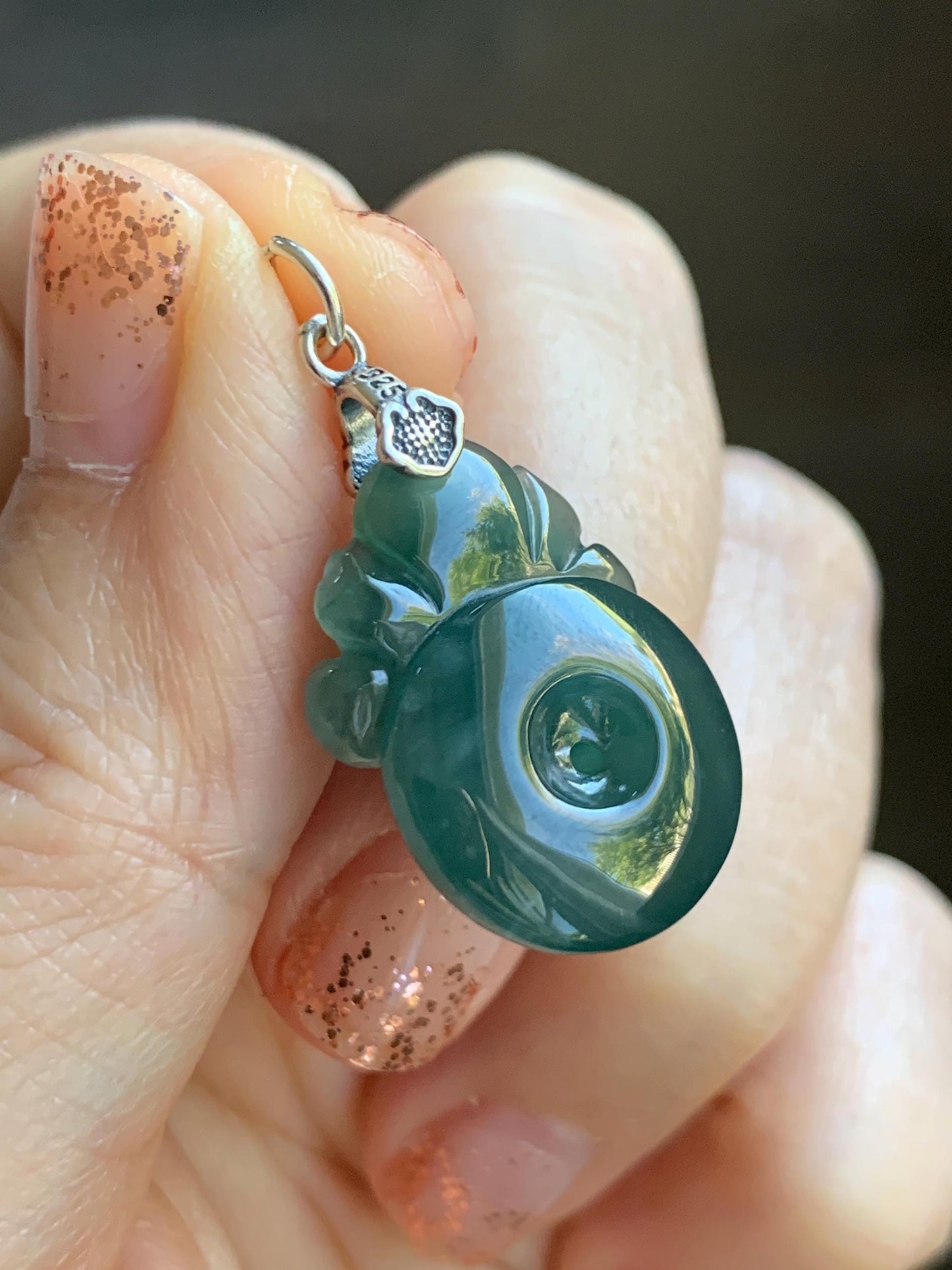 Natural Grade A Guatemalan Icy Translucent Teal Blue Jadeite Lotus Flower Ping An Kou Donut Pendant Sterling Silver 天然冰危蓝翡翠莲花平安扣吊坠 WSL385B