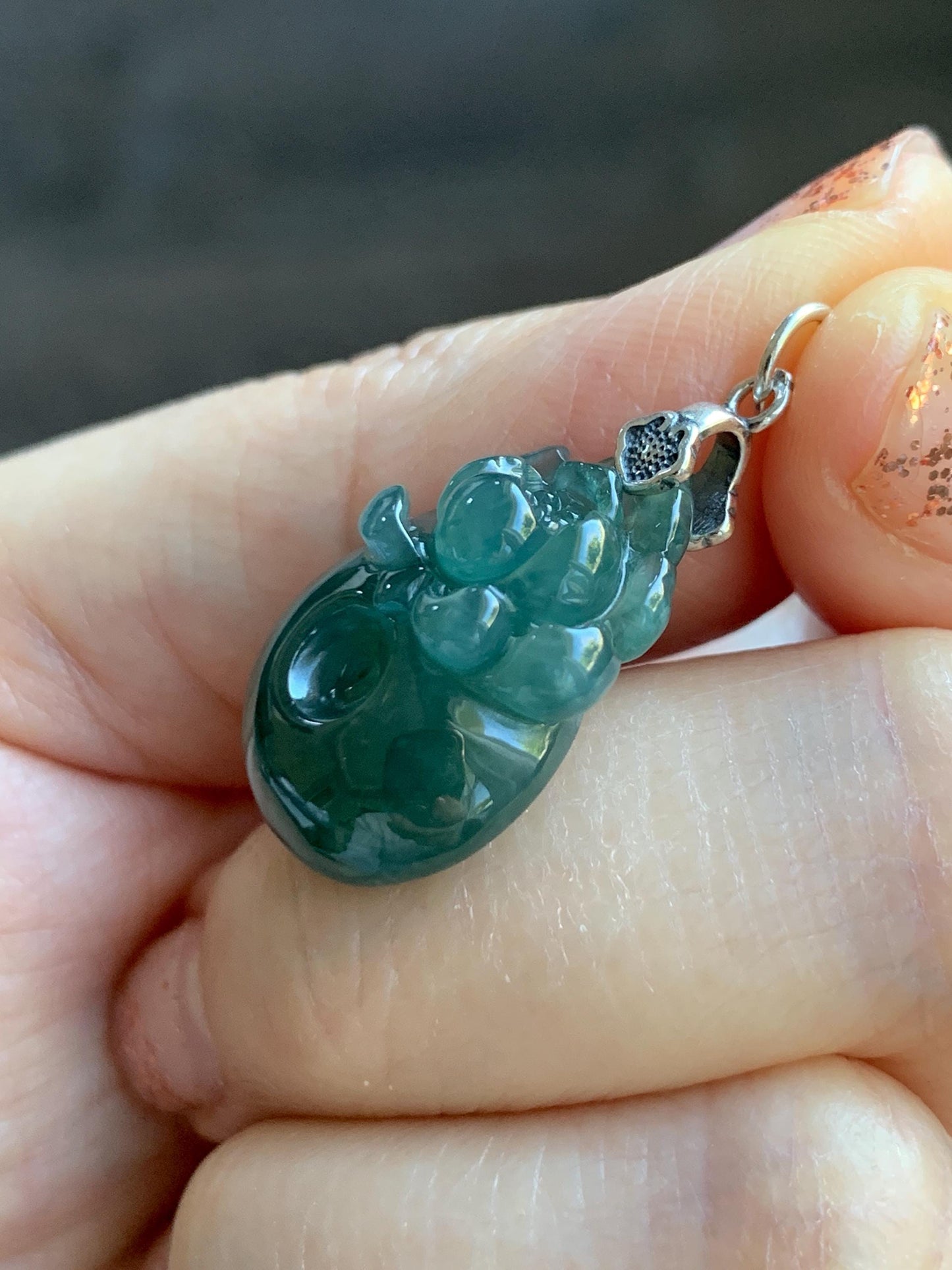 Natural Grade A Guatemalan Icy Translucent Teal Blue Jadeite Lotus Flower Ping An Kou Donut Pendant Sterling Silver 天然冰危蓝翡翠莲花平安扣吊坠 WSL385B