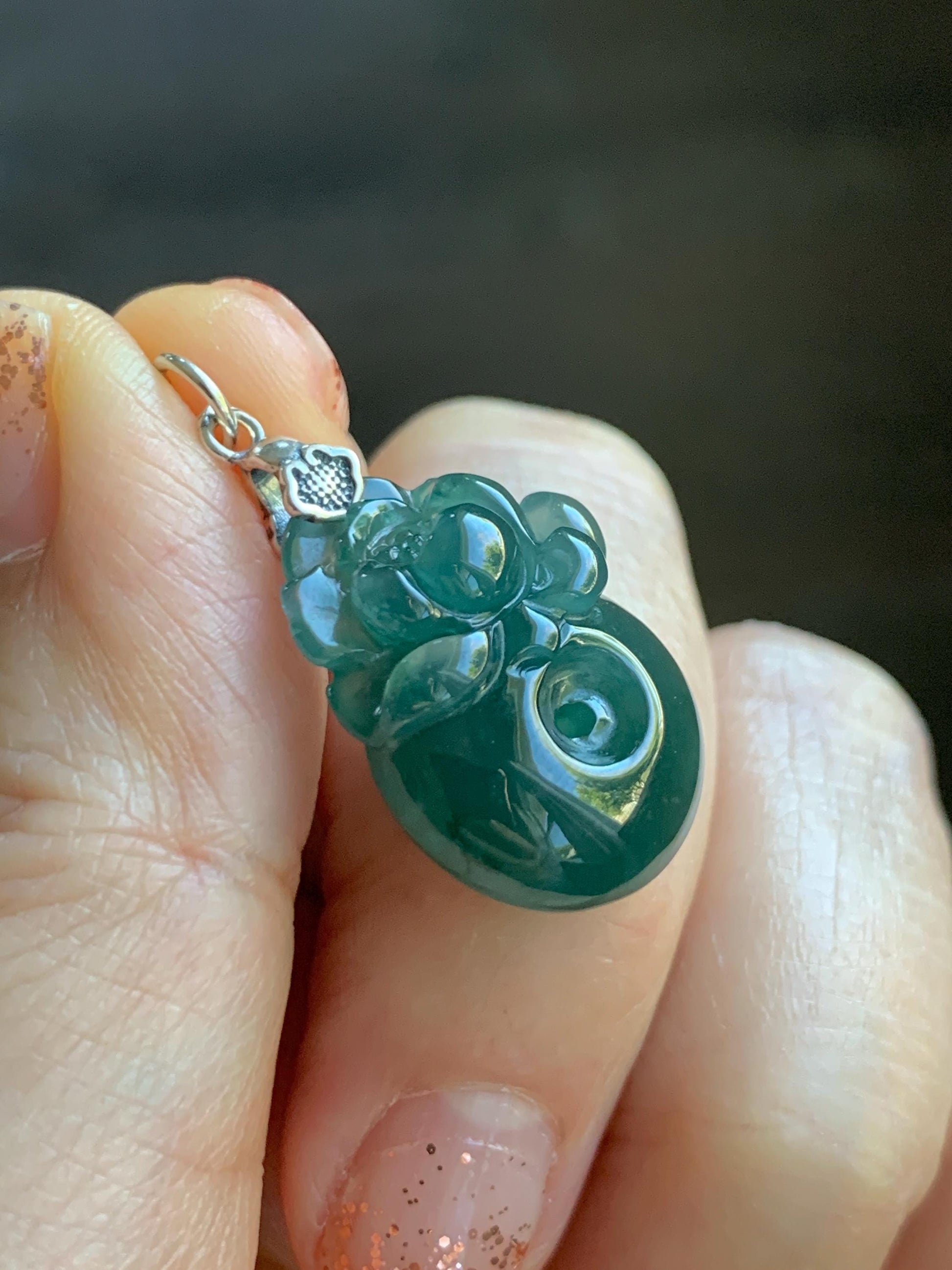 Natural Grade A Guatemalan Icy Translucent Teal Blue Jadeite Lotus Flower Ping An Kou Donut Pendant Sterling Silver 天然冰危蓝翡翠莲花平安扣吊坠 WSL385B