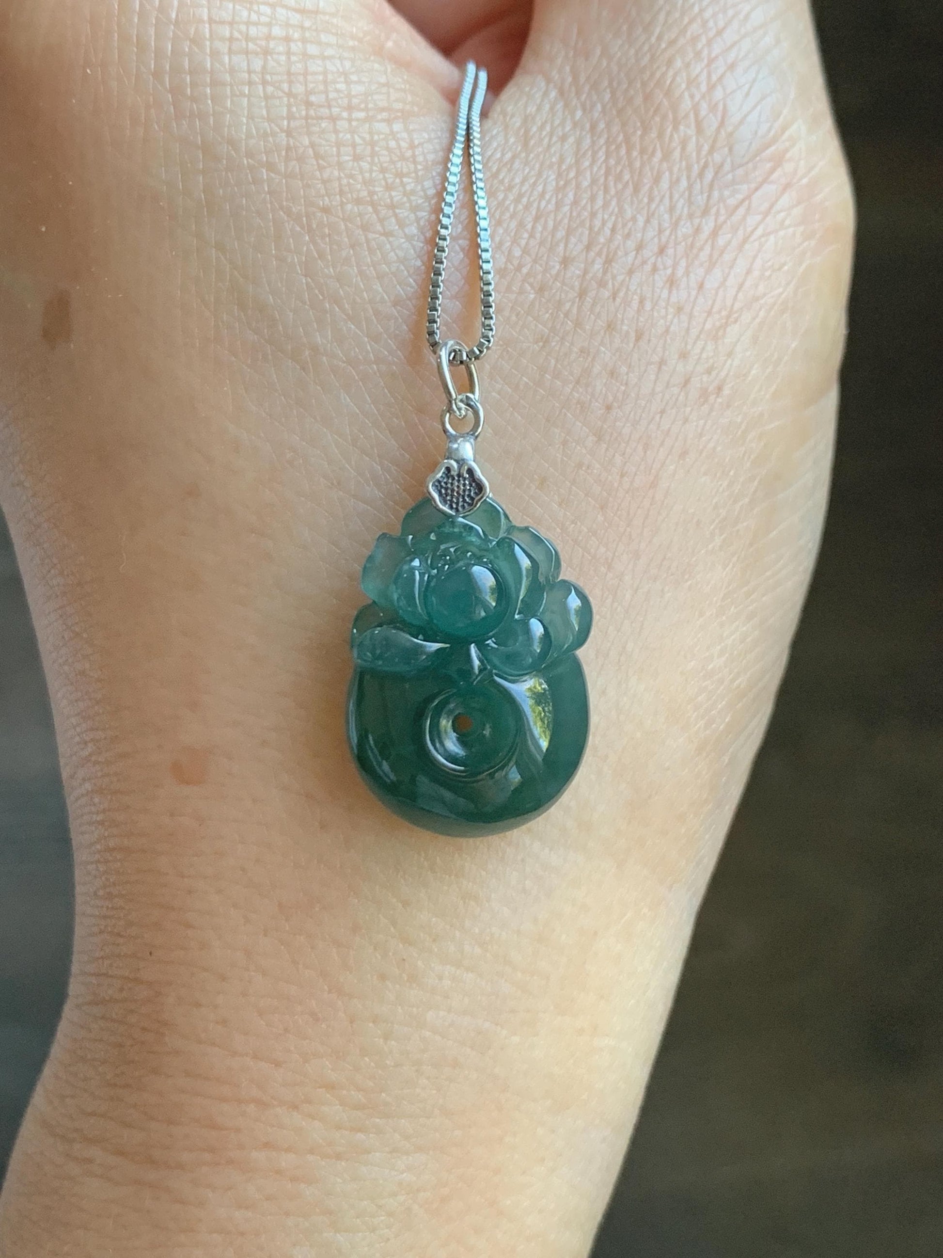 Natural Grade A Guatemalan Icy Translucent Teal Blue Jadeite Lotus Flower Ping An Kou Donut Pendant Sterling Silver 天然冰危蓝翡翠莲花平安扣吊坠 WSL385B
