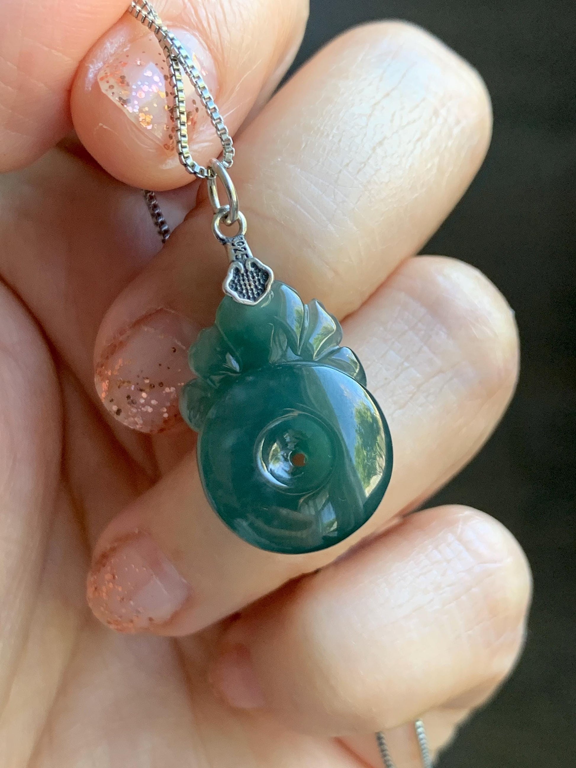 Natural Grade A Guatemalan Icy Translucent Teal Blue Jadeite Lotus Flower Ping An Kou Donut Pendant Sterling Silver 天然冰危蓝翡翠莲花平安扣吊坠 WSL385B