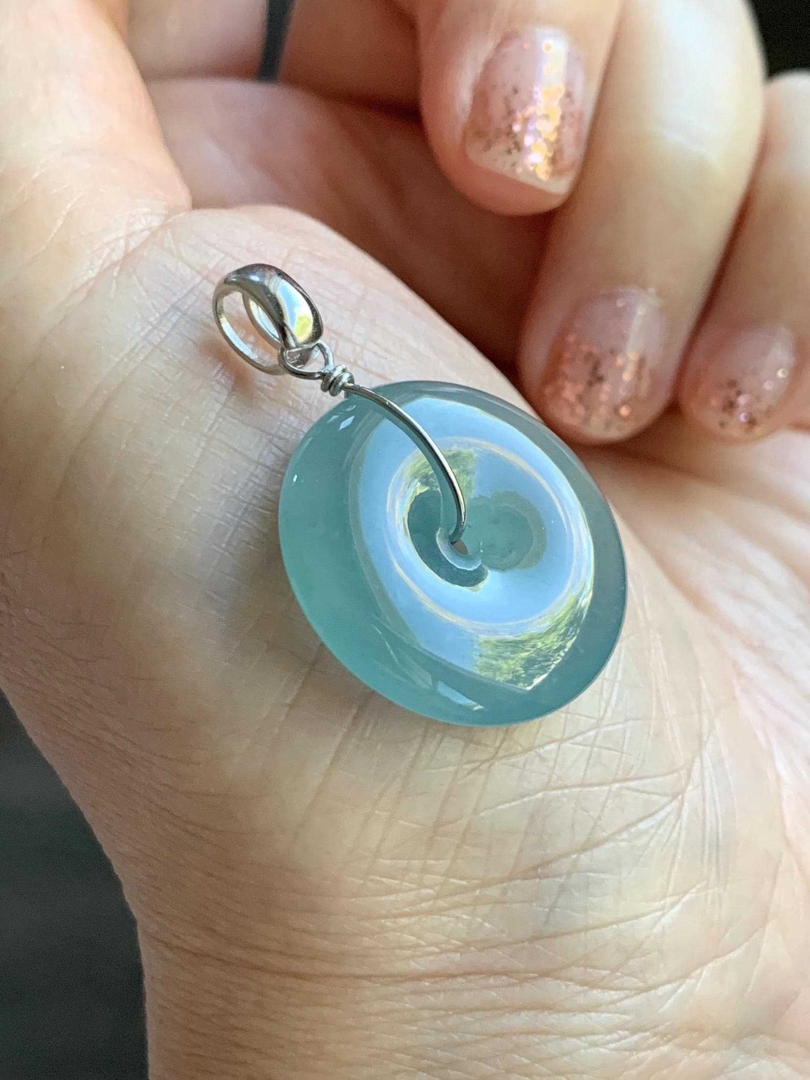 Certified Natural Grade A Guatemalan Icy Highly Translucent Teal Jade Jadeite Ping An Kou Donut Pendant Sterling Silver 天然冰危蓝翡翠平安扣吊坠 1121
