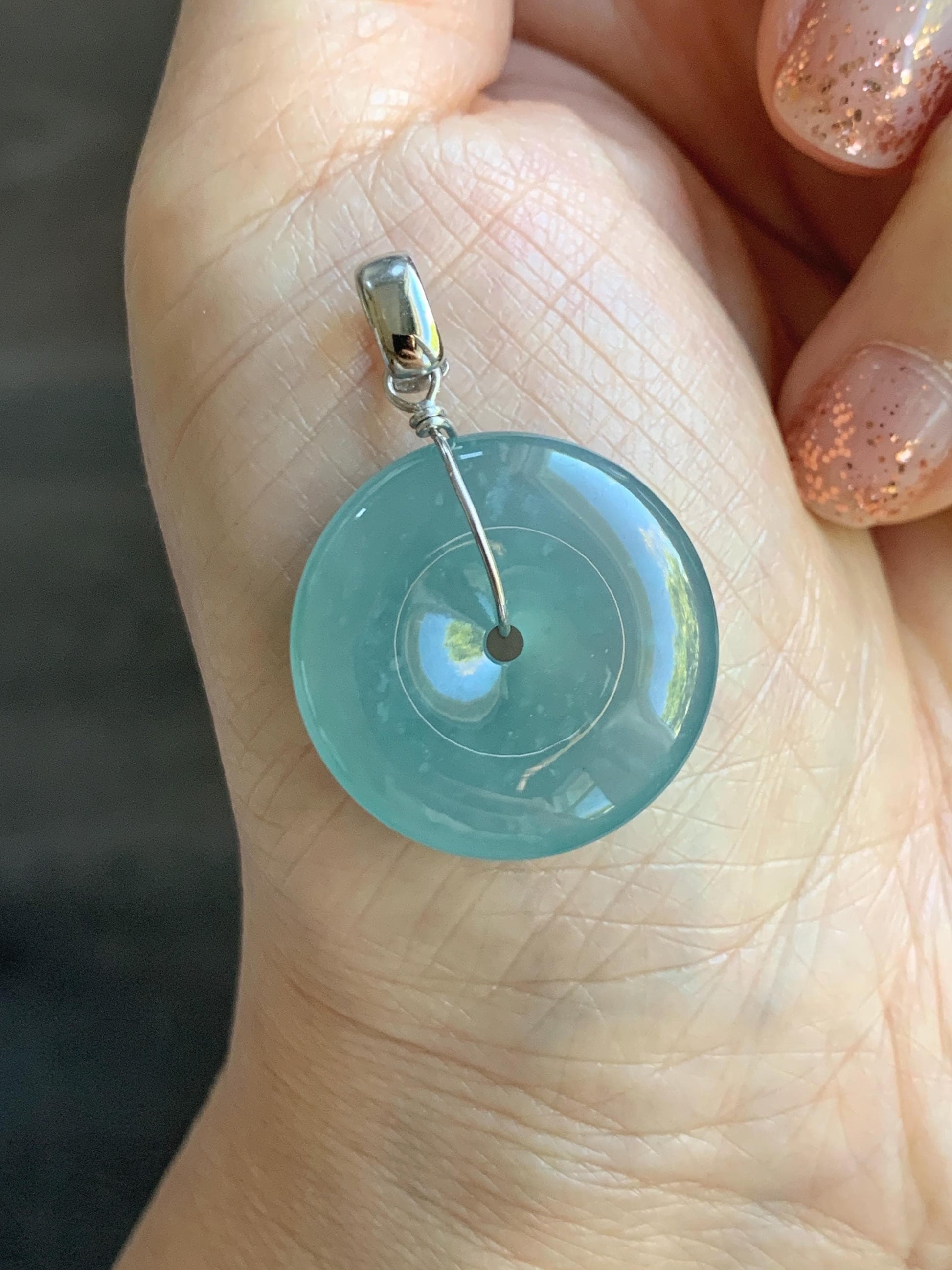 Certified Natural Grade A Guatemalan Icy Highly Translucent Teal Jade Jadeite Ping An Kou Donut Pendant Sterling Silver 天然冰危蓝翡翠平安扣吊坠 1121