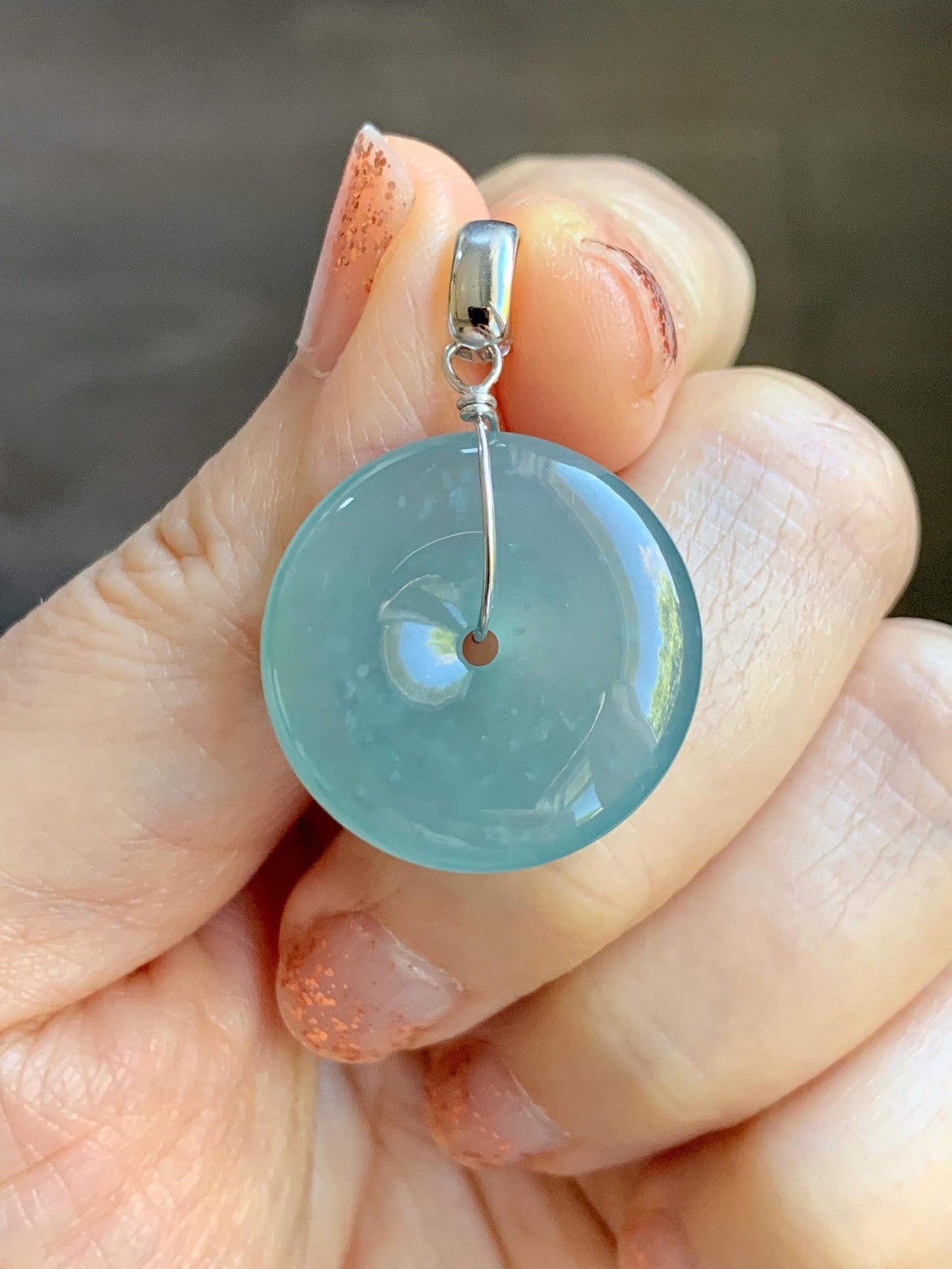 Certified Natural Grade A Guatemalan Icy Highly Translucent Teal Jade Jadeite Ping An Kou Donut Pendant Sterling Silver 天然冰危蓝翡翠平安扣吊坠 1121