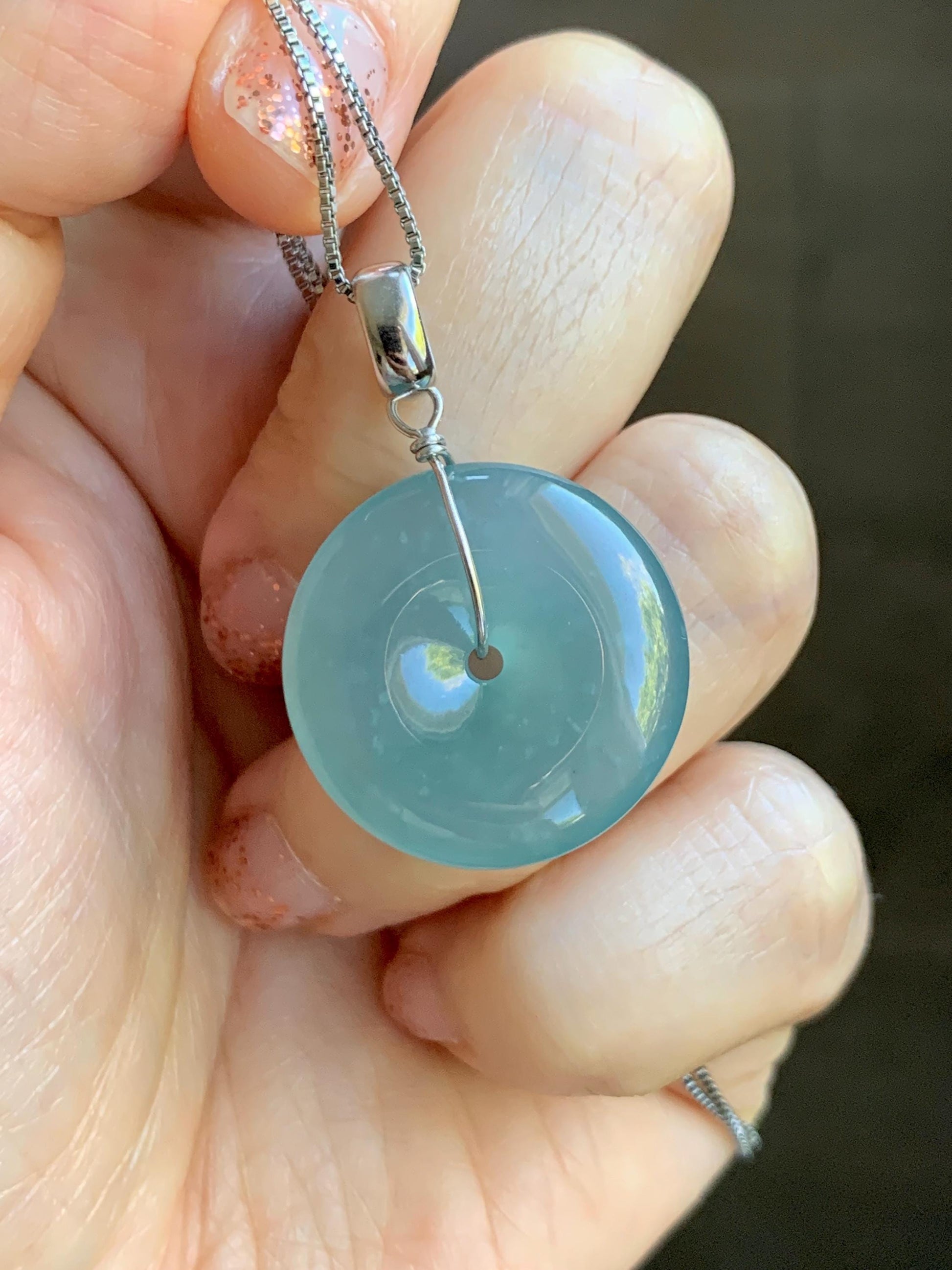 Certified Natural Grade A Guatemalan Icy Highly Translucent Teal Jade Jadeite Ping An Kou Donut Pendant Sterling Silver 天然冰危蓝翡翠平安扣吊坠 1121