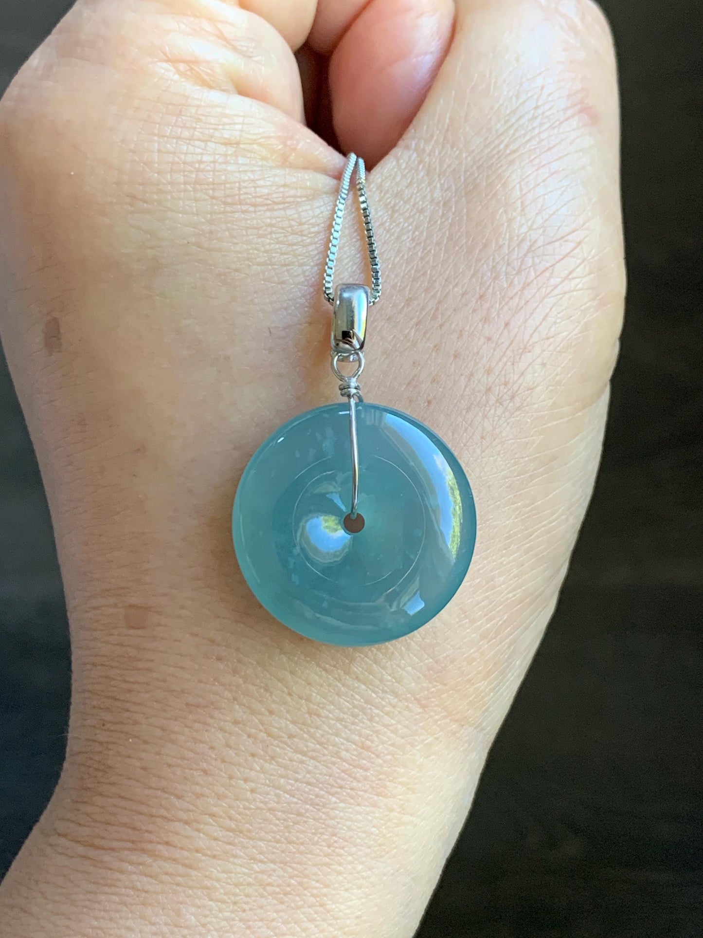 Certified Natural Grade A Guatemalan Icy Highly Translucent Teal Jade Jadeite Ping An Kou Donut Pendant Sterling Silver 天然冰危蓝翡翠平安扣吊坠 1121