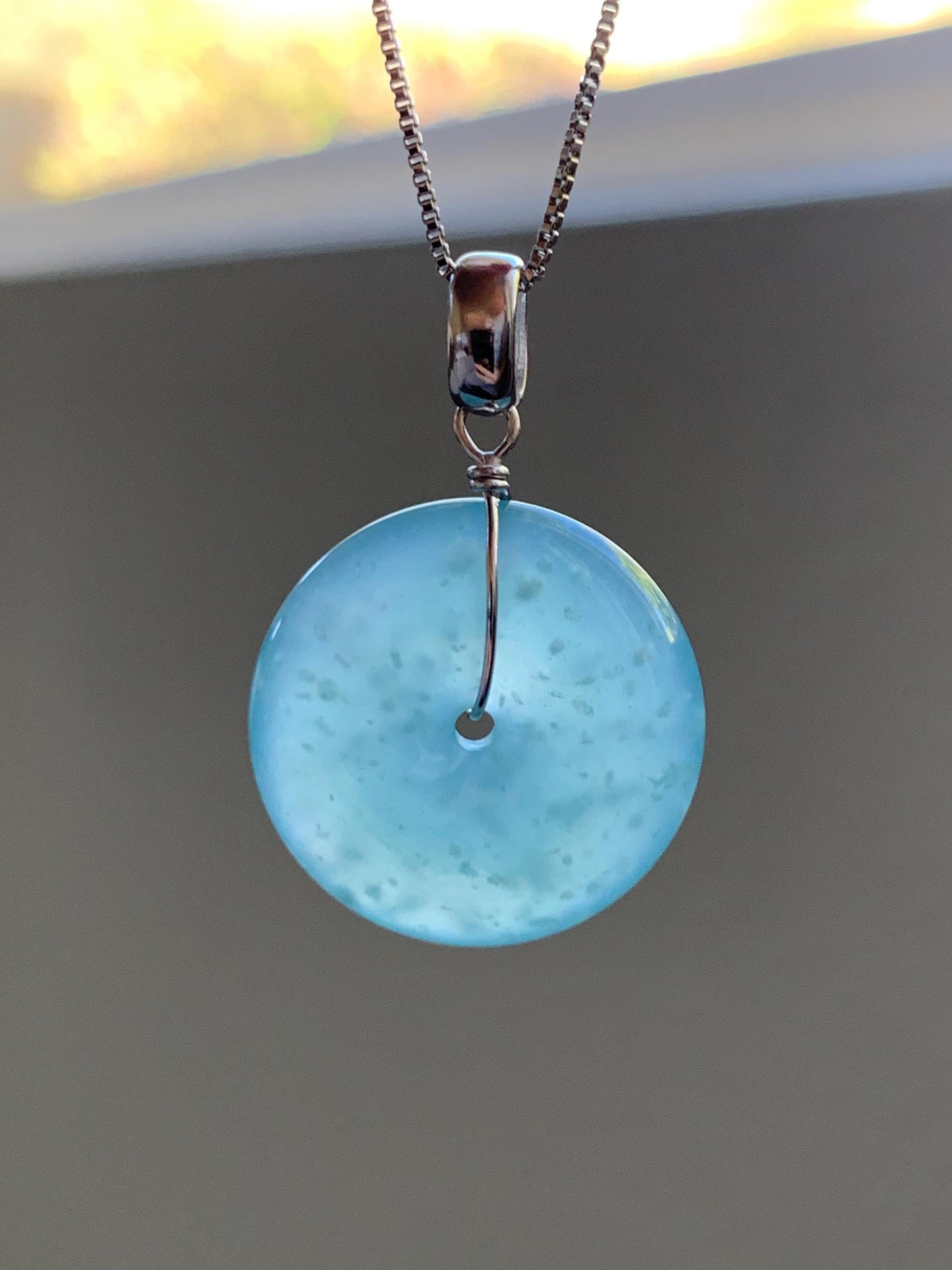 Certified Natural Grade A Guatemalan Icy Highly Translucent Teal Jade Jadeite Ping An Kou Donut Pendant Sterling Silver 天然冰危蓝翡翠平安扣吊坠 1121