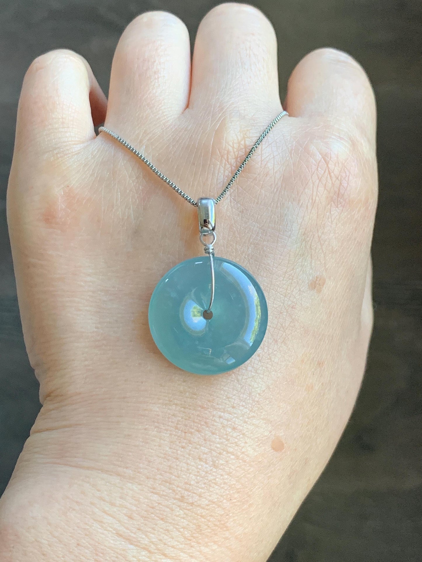 Certified Natural Grade A Guatemalan Icy Highly Translucent Teal Jade Jadeite Ping An Kou Donut Pendant Sterling Silver 天然冰危蓝翡翠平安扣吊坠 1121