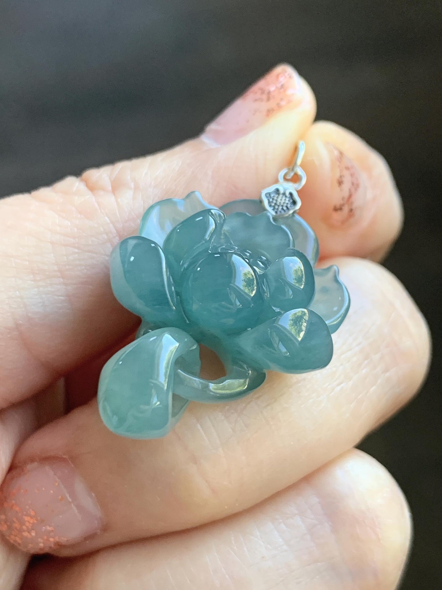 Natural Grade A Guatemalan Icy Translucent Teal Blue Jade Jadeite Lotus Flower Pendant Sterling Silver 8g 天然冰胶危蓝翡翠莲花吊坠 WLH316C