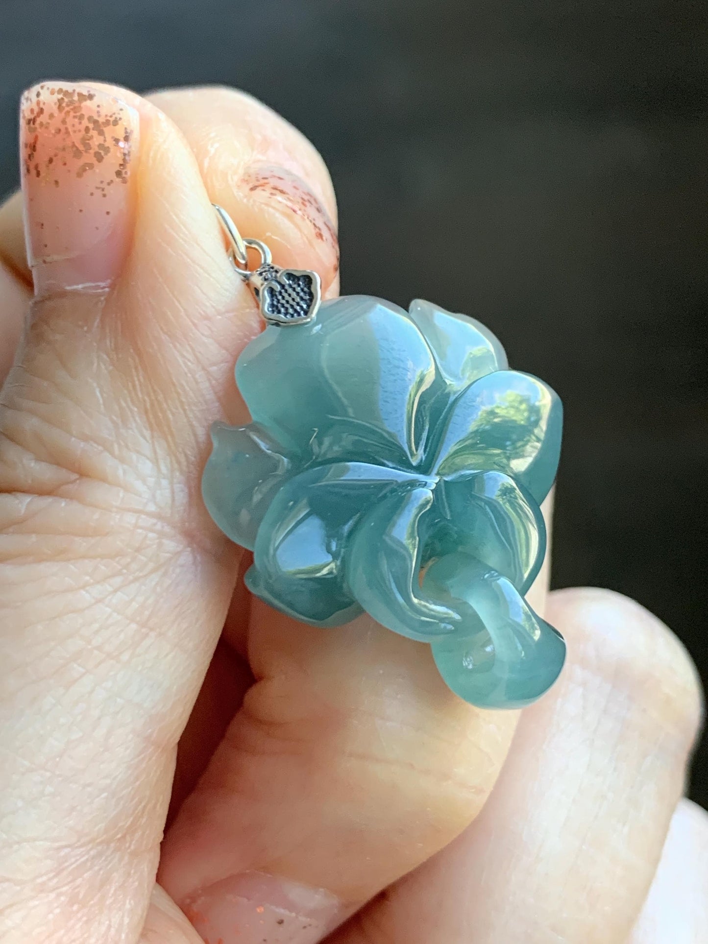Natural Grade A Guatemalan Icy Translucent Teal Blue Jade Jadeite Lotus Flower Pendant Sterling Silver 8g 天然冰胶危蓝翡翠莲花吊坠 WLH316C