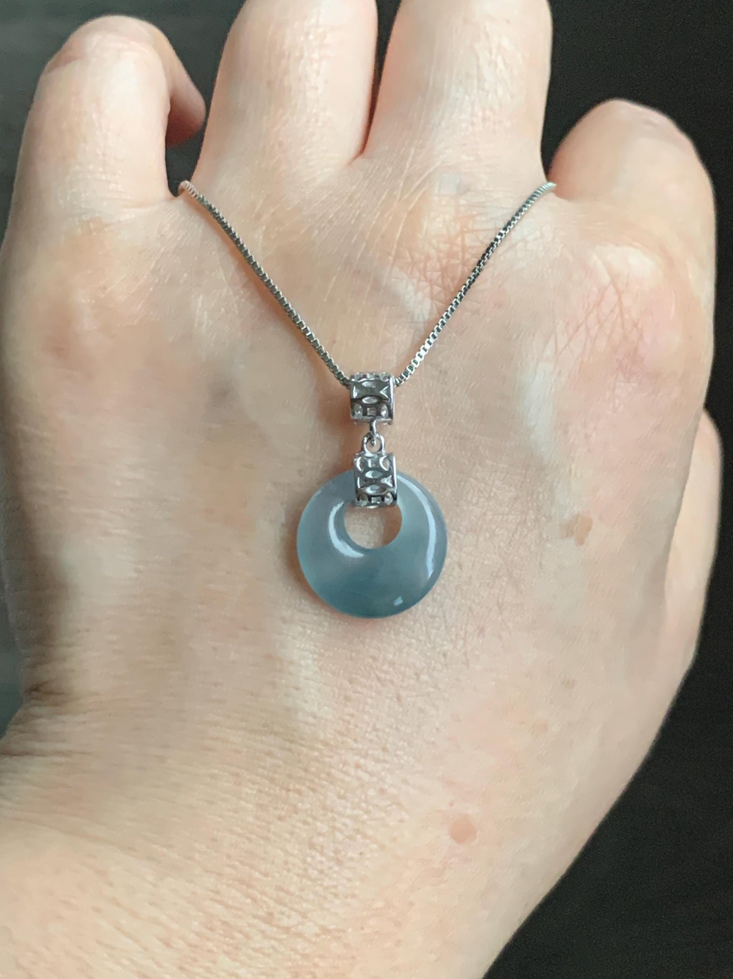 Natural Grade A Guatemalan Icy Translucent Pastel Teal Blue Jade Jadeite Ping An Kou Donut Pendant Sterling Silver 天然冰胶危飘蓝翡翠平安扣吊坠 WGZ55B