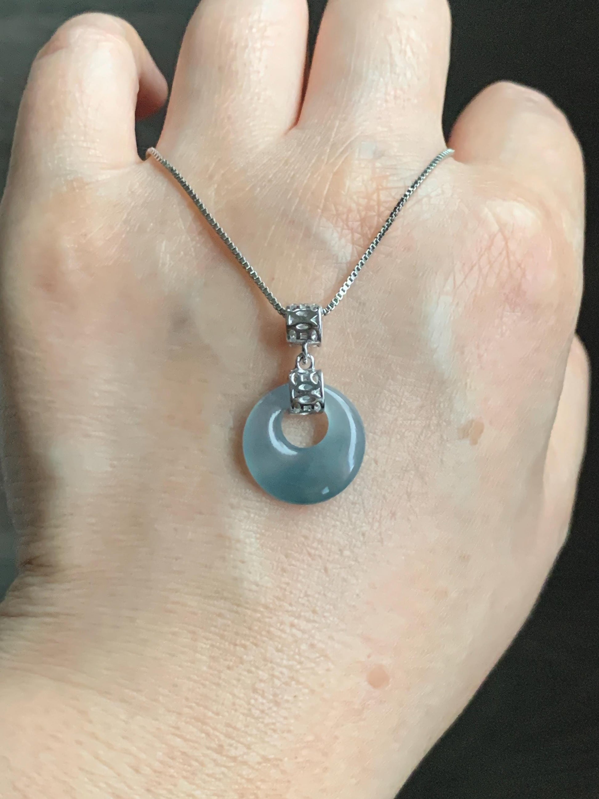 Natural Grade A Guatemalan Icy Translucent Pastel Teal Blue Jade Jadeite Ping An Kou Donut Pendant Sterling Silver 天然冰胶危飘蓝翡翠平安扣吊坠 WGZ55B