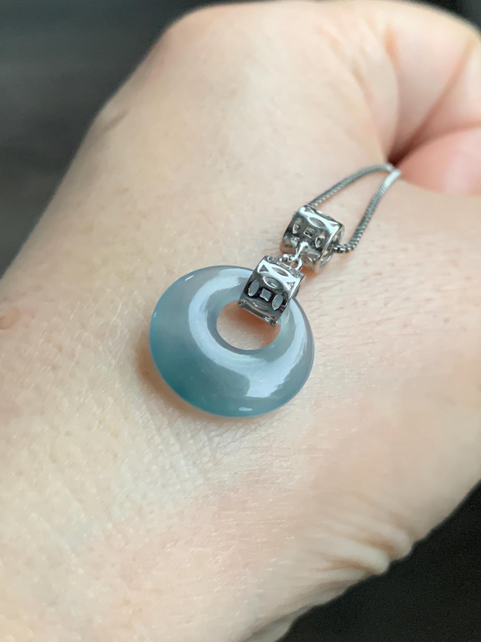 Natural Grade A Guatemalan Icy Translucent Pastel Teal Blue Jade Jadeite Ping An Kou Donut Pendant Sterling Silver 天然冰胶危飘蓝翡翠平安扣吊坠 WGZ55B
