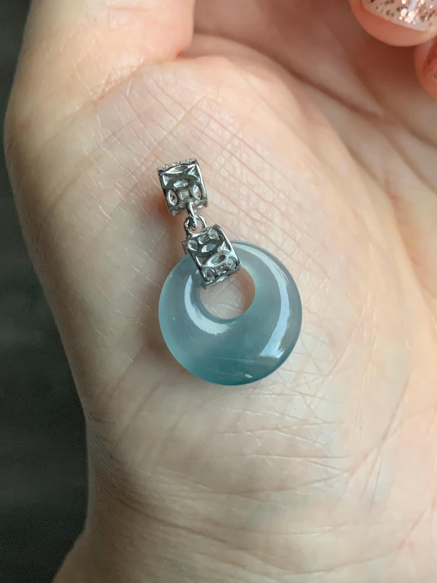 Natural Grade A Guatemalan Icy Translucent Pastel Teal Blue Jade Jadeite Ping An Kou Donut Pendant Sterling Silver 天然冰胶危飘蓝翡翠平安扣吊坠 WGZ55B