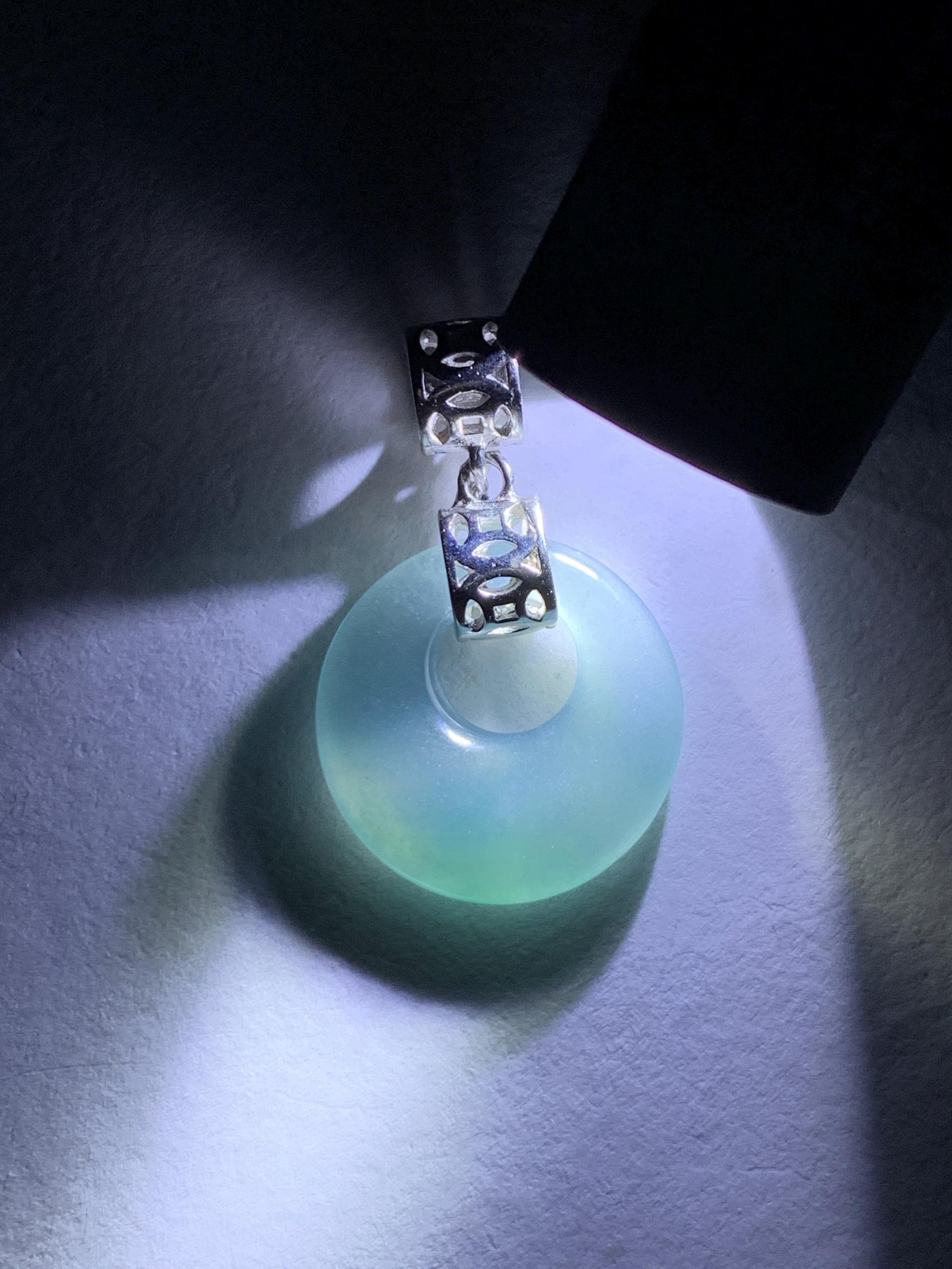 Natural Grade A Guatemalan Icy Translucent Pastel Teal Blue Jade Jadeite Ping An Kou Donut Pendant Sterling Silver 天然冰胶危飘蓝翡翠平安扣吊坠 WGZ55B